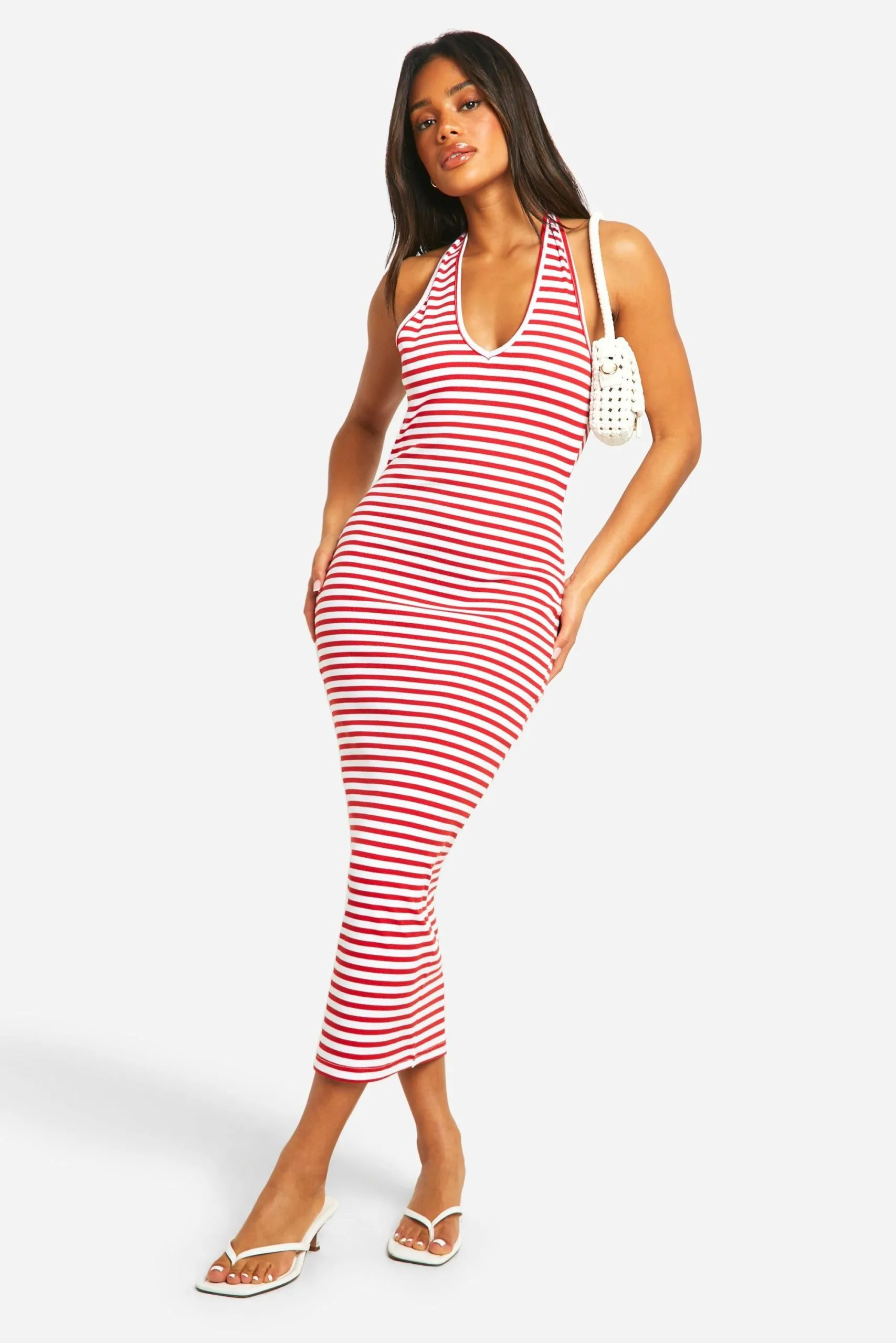 Basic Rib Stripe Plunge Hlater Midaxi Dress
