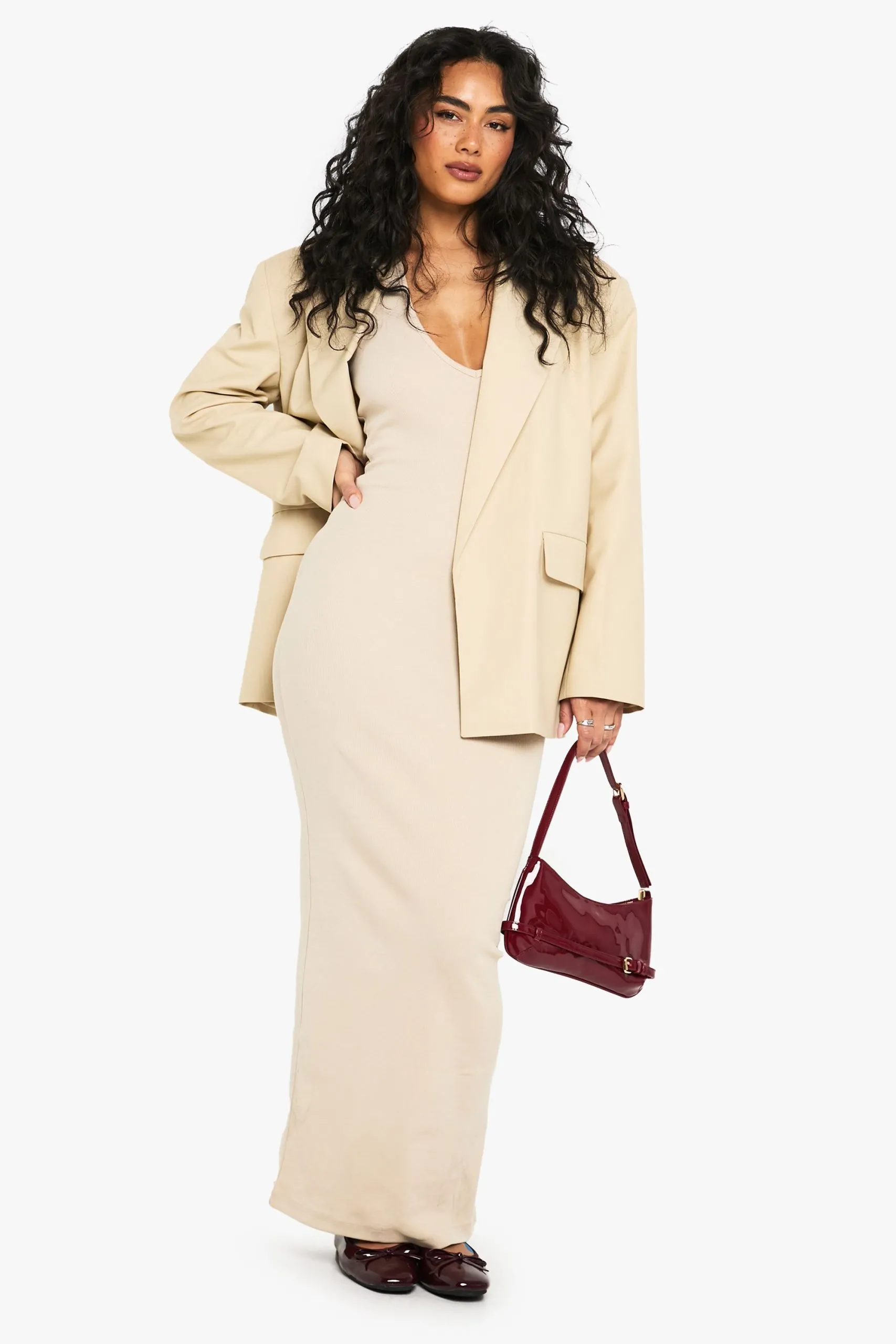 Basic Rib  Plunge Hlater Maxi Dress