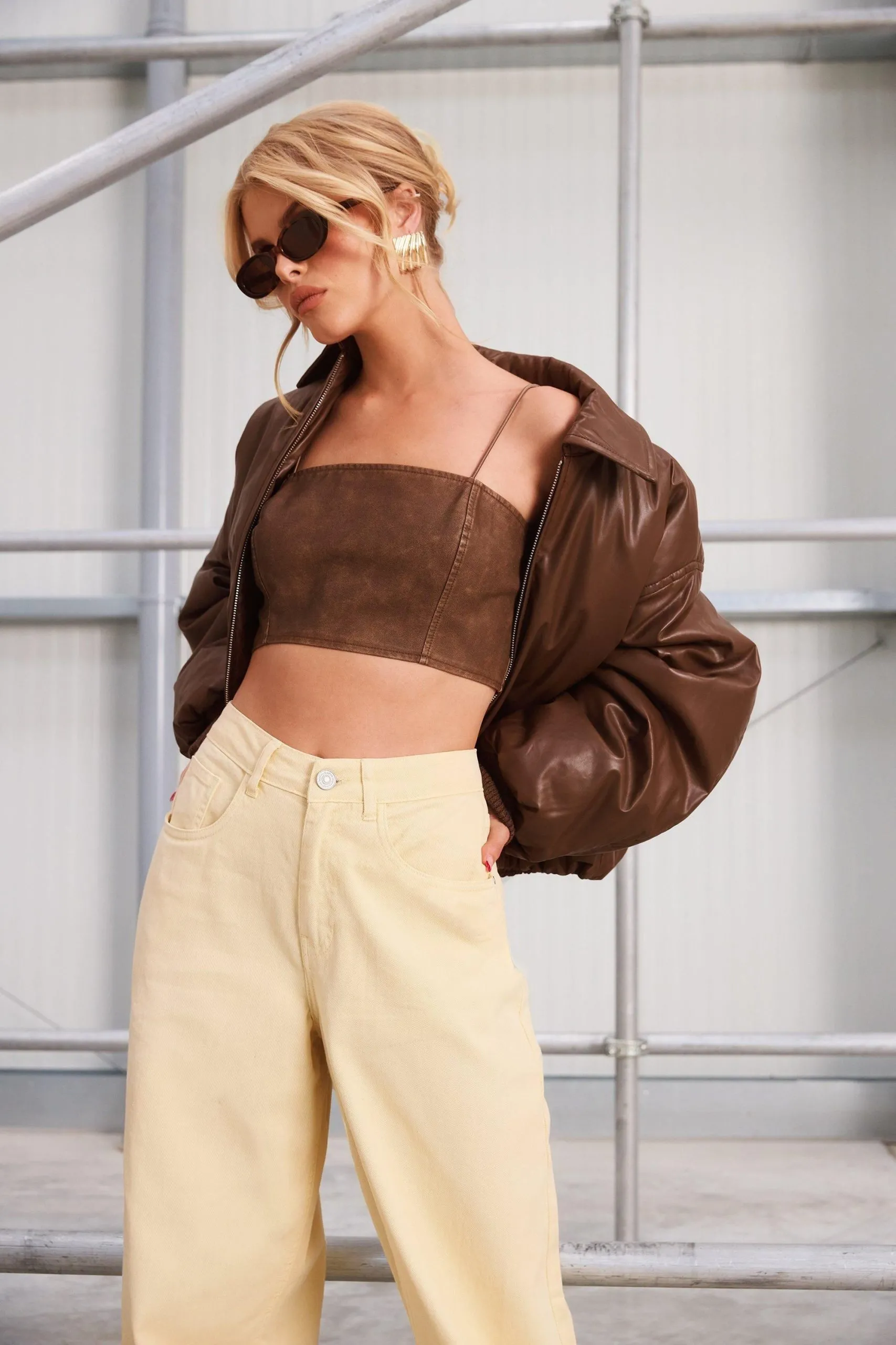 Washed Faux Leather Strappy Crop Top