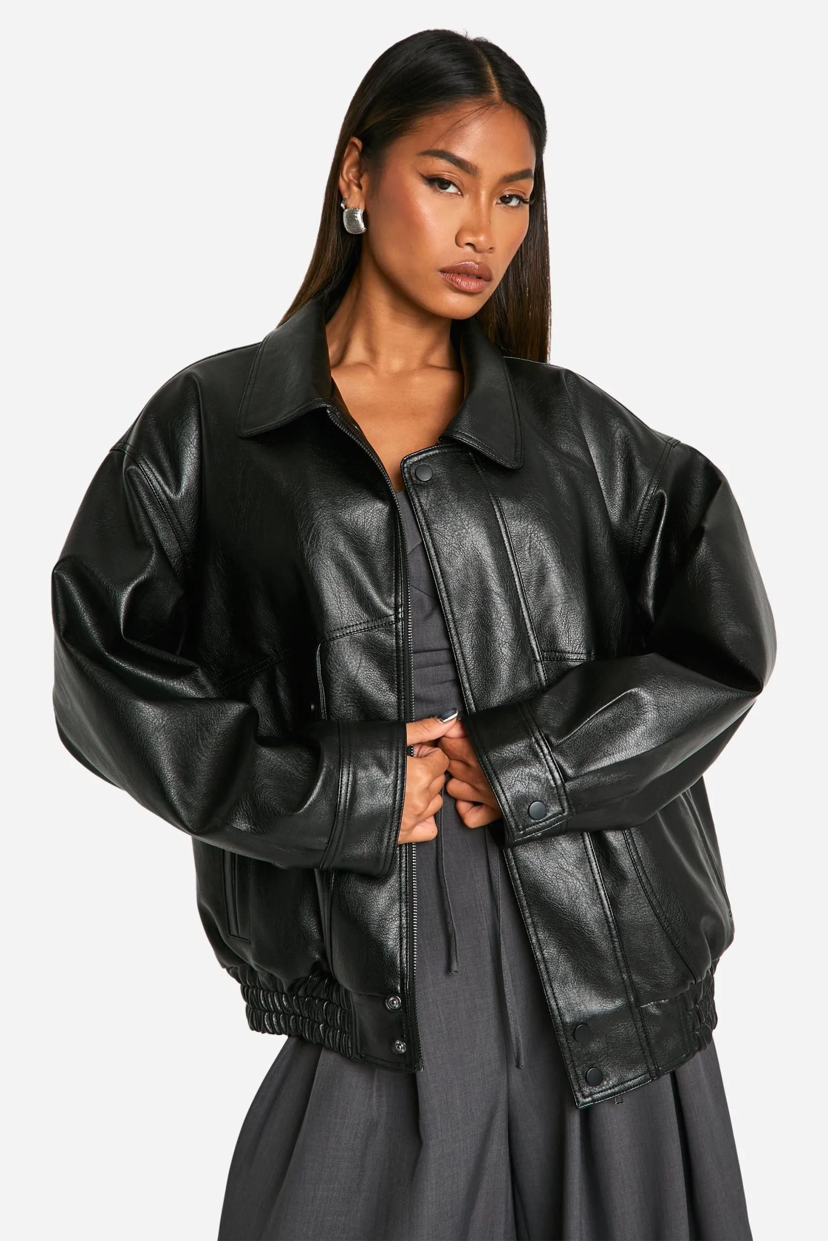 Teddy Lined Faux Leather Oversized Bomber Jacket