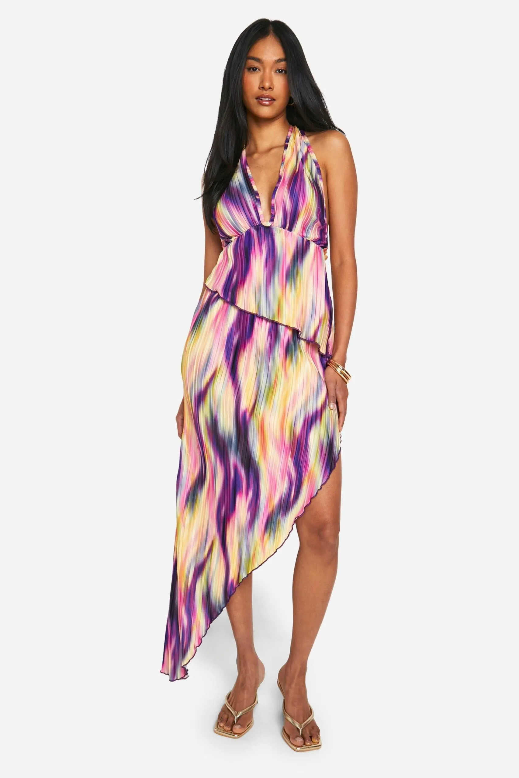 Tie Dye Plisse Asymmetric Maxi Skirt