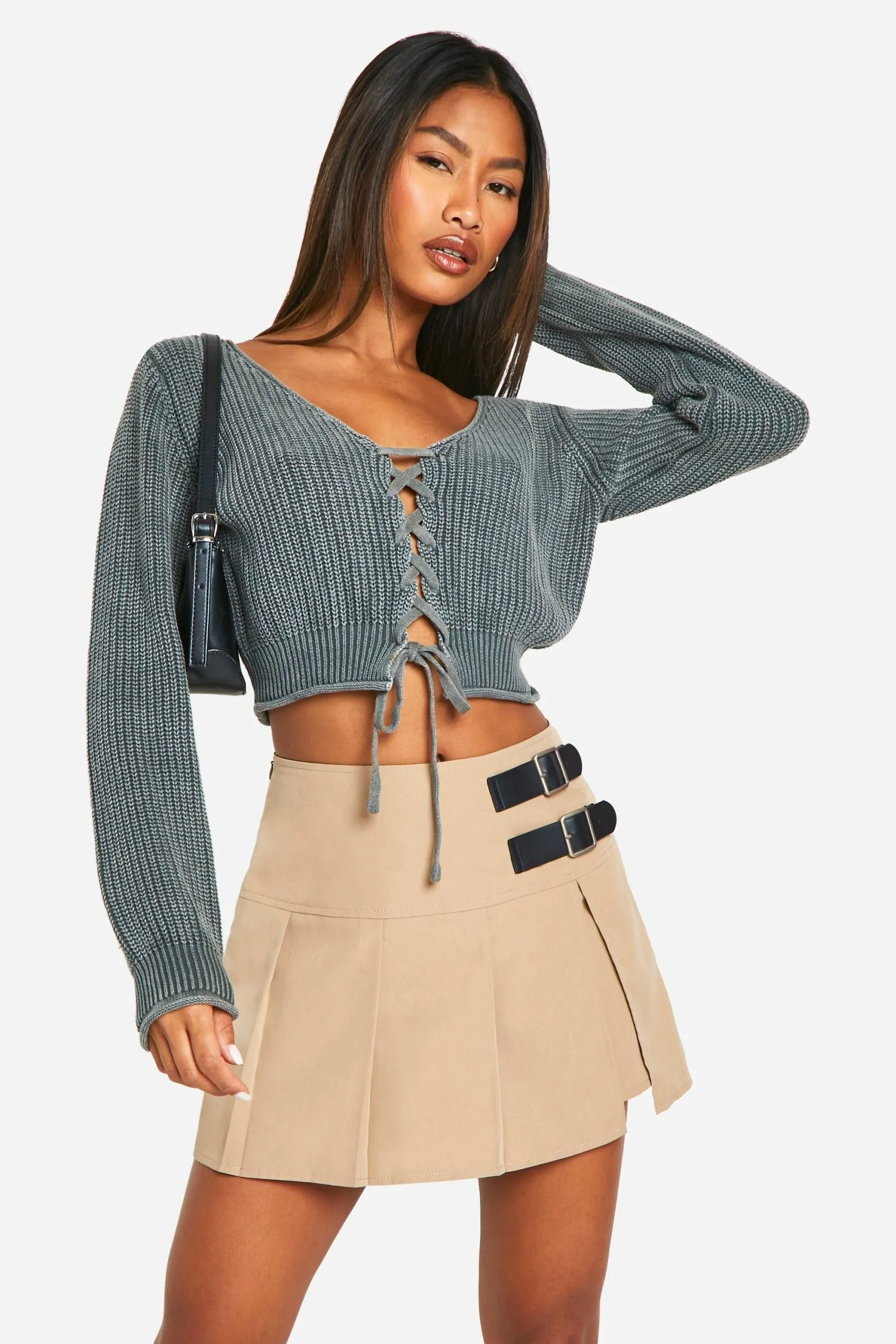 Acid Wash Lace Up Crop Cardigan