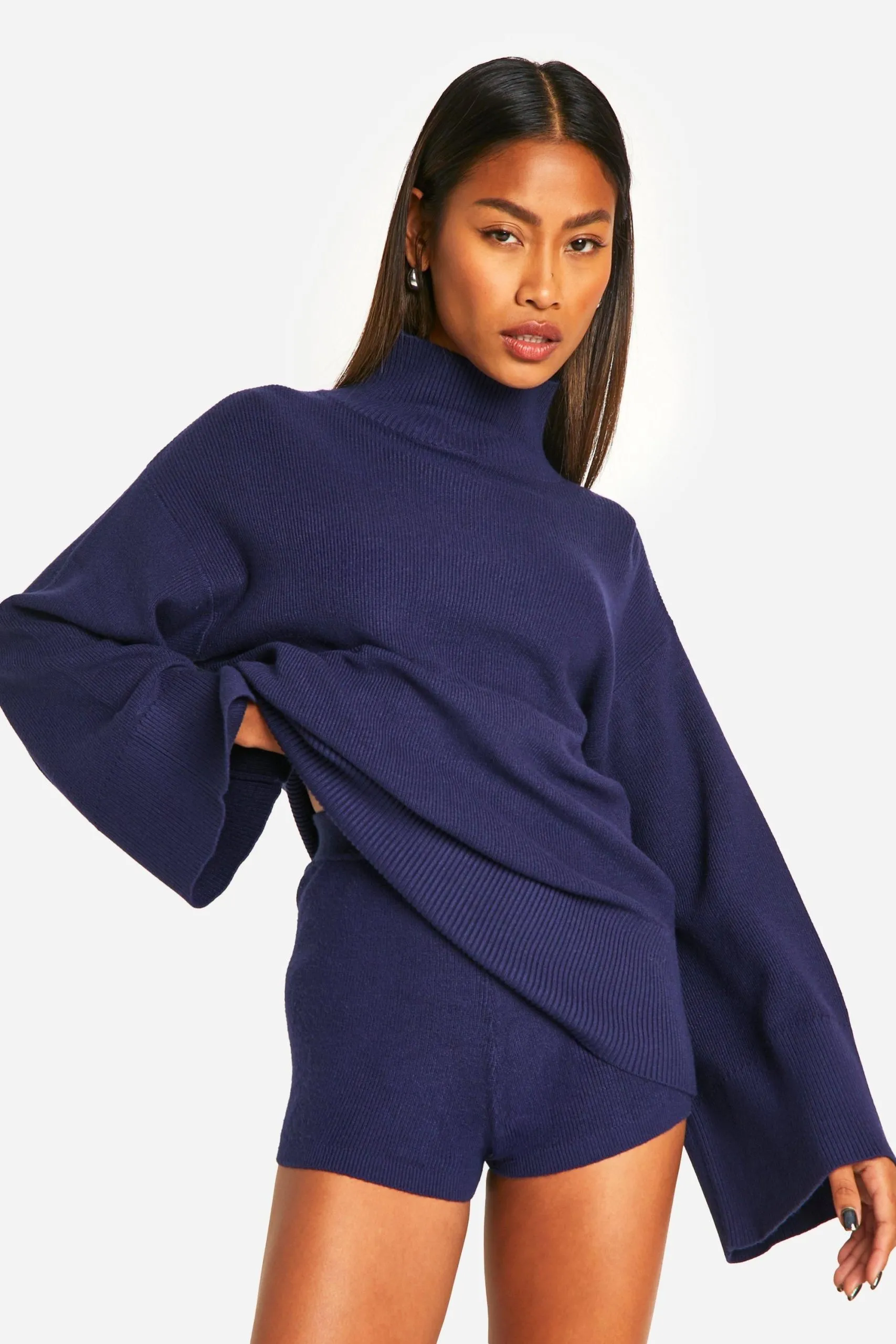 Premium Rib Knitted Oversized High Neck Jumper And Knitted Short Set