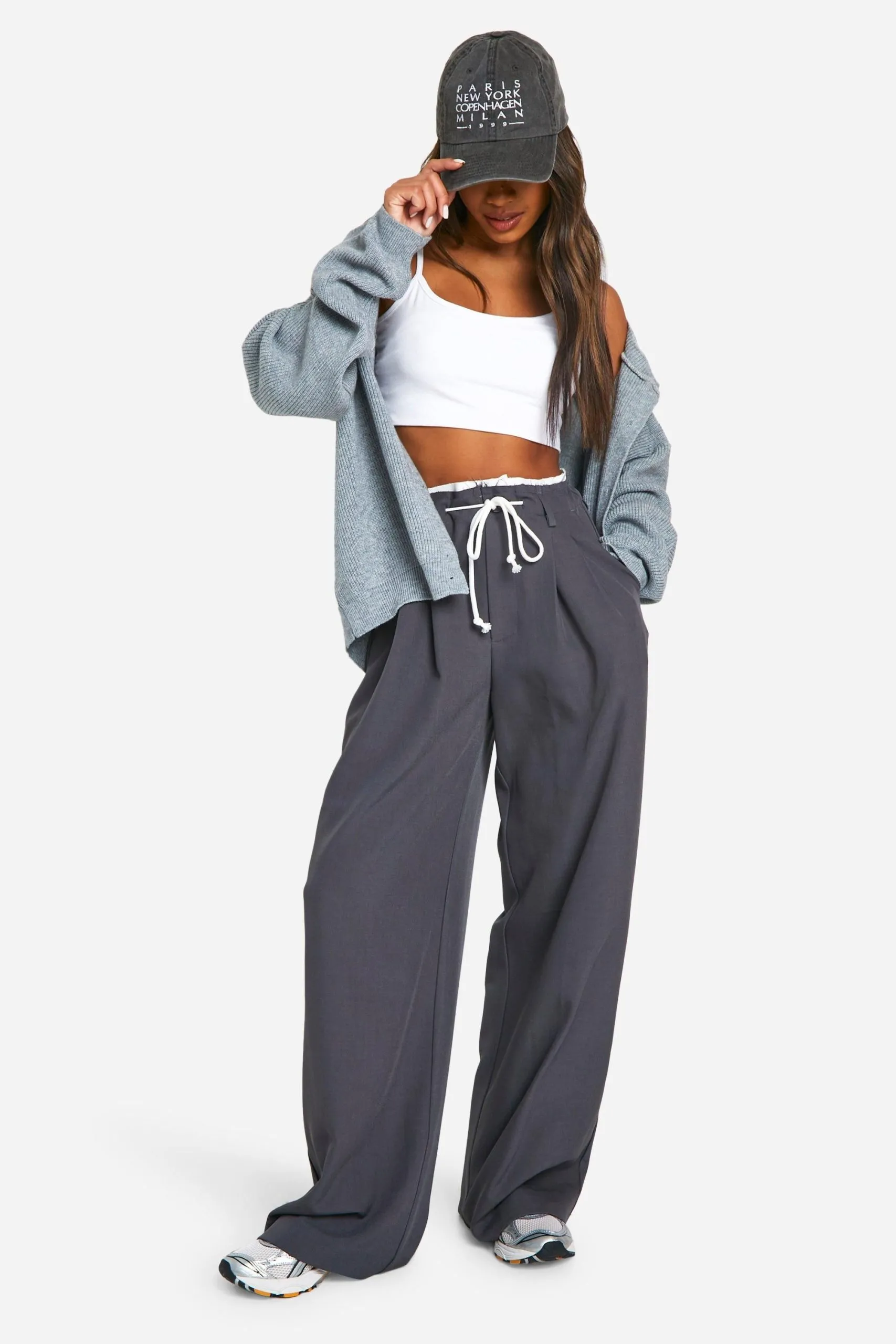 Fray Hem Double Waistband Wide Leg Woven Trousers