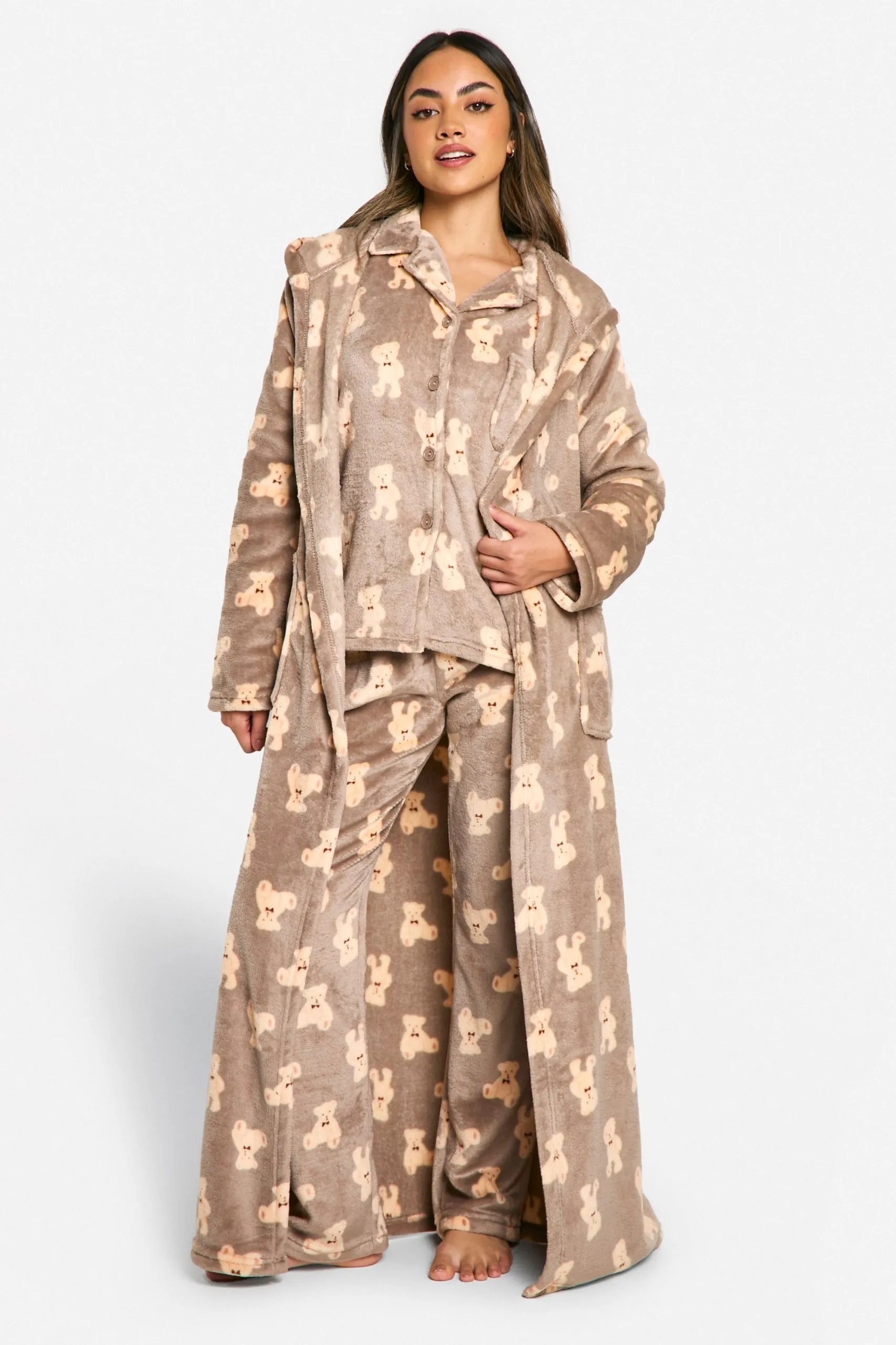 Bear Print Fleece Hooded Long Dressing Gown