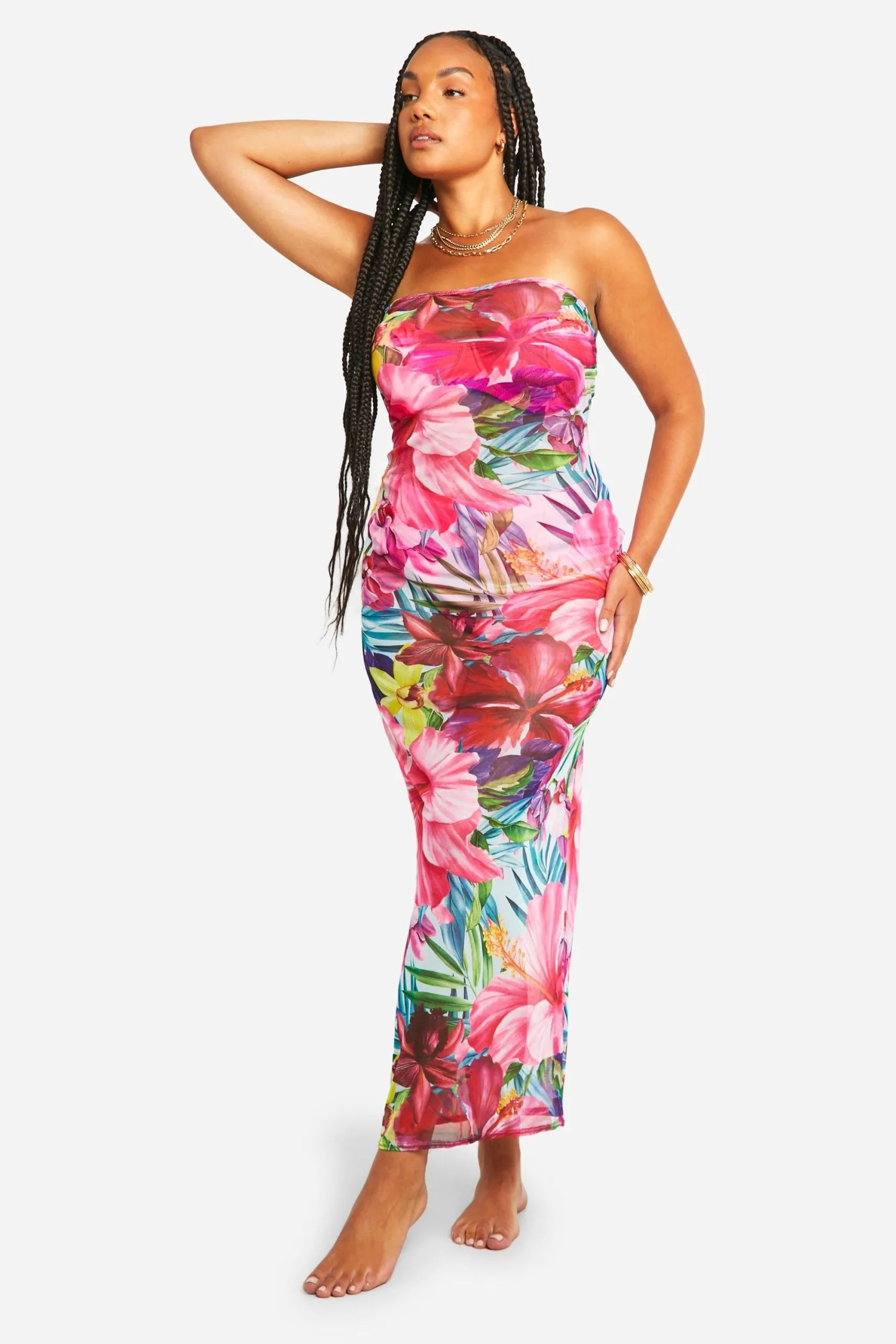 Plus Tropical Floral Print Bandeau Mesh Beach Dress