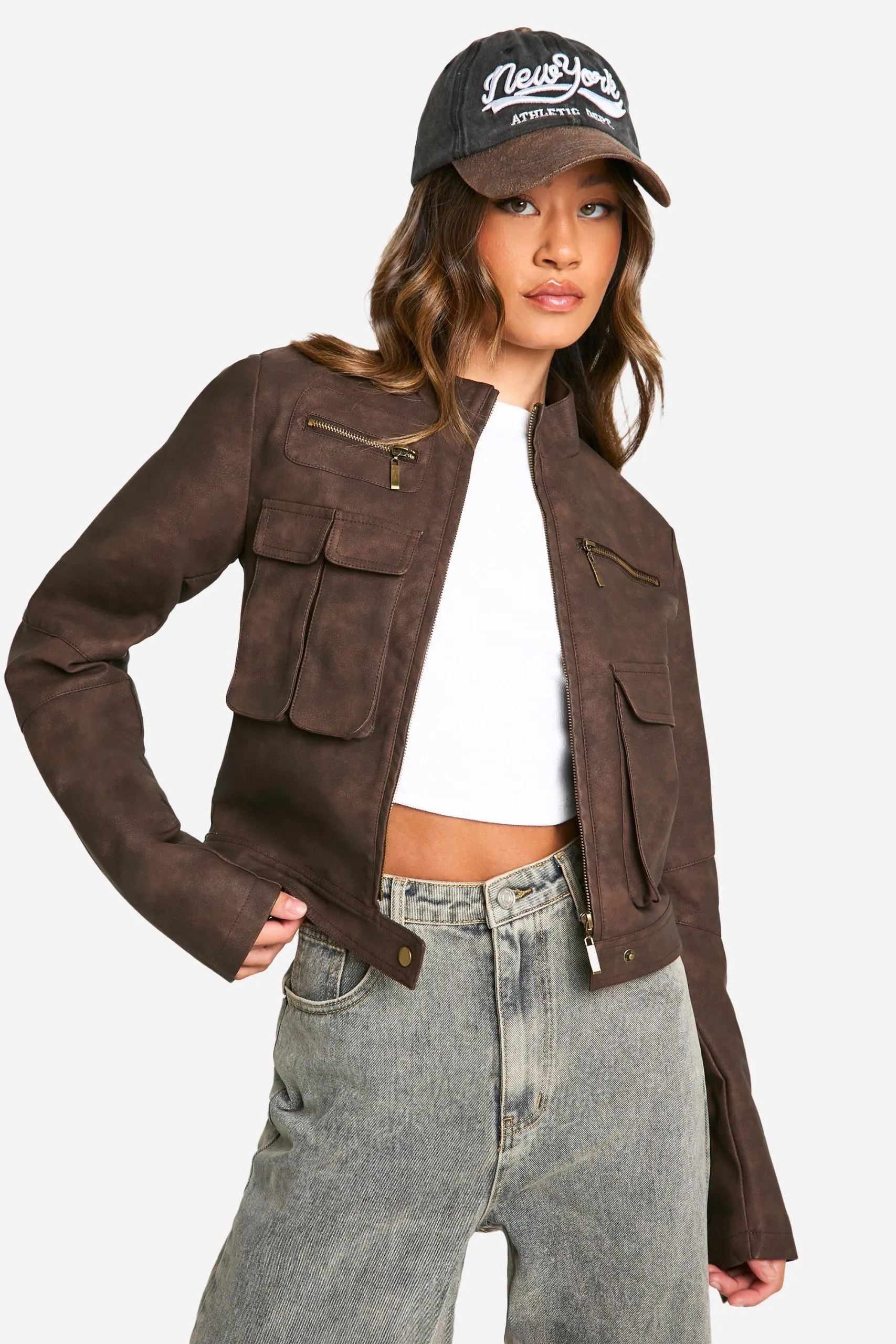 Tall Cropped Pocket Detail Faux Leather Biker Jacket