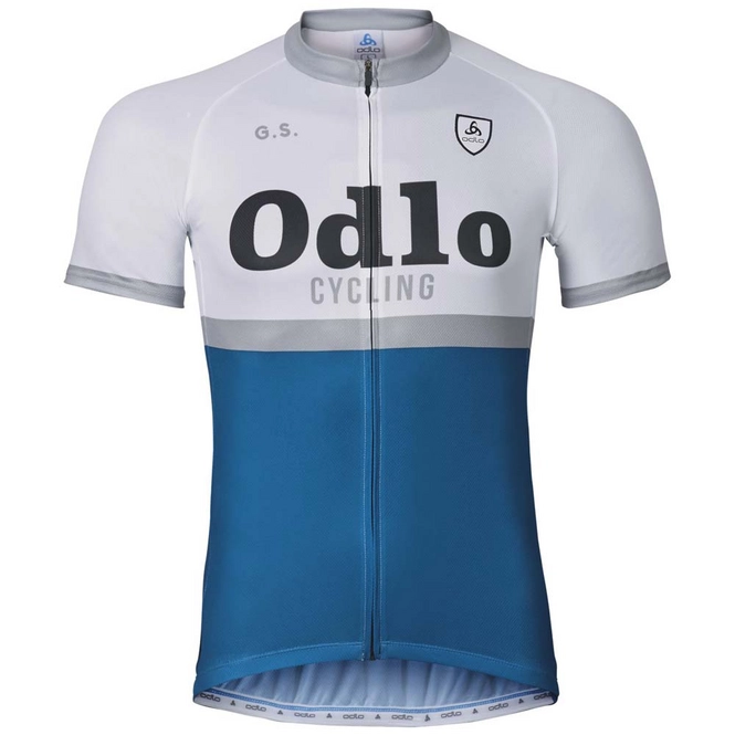 Cycling Jersey Odlo Mens Stand-Up Collar S/S Full Zip Ride Blue Jewel Steel Grey