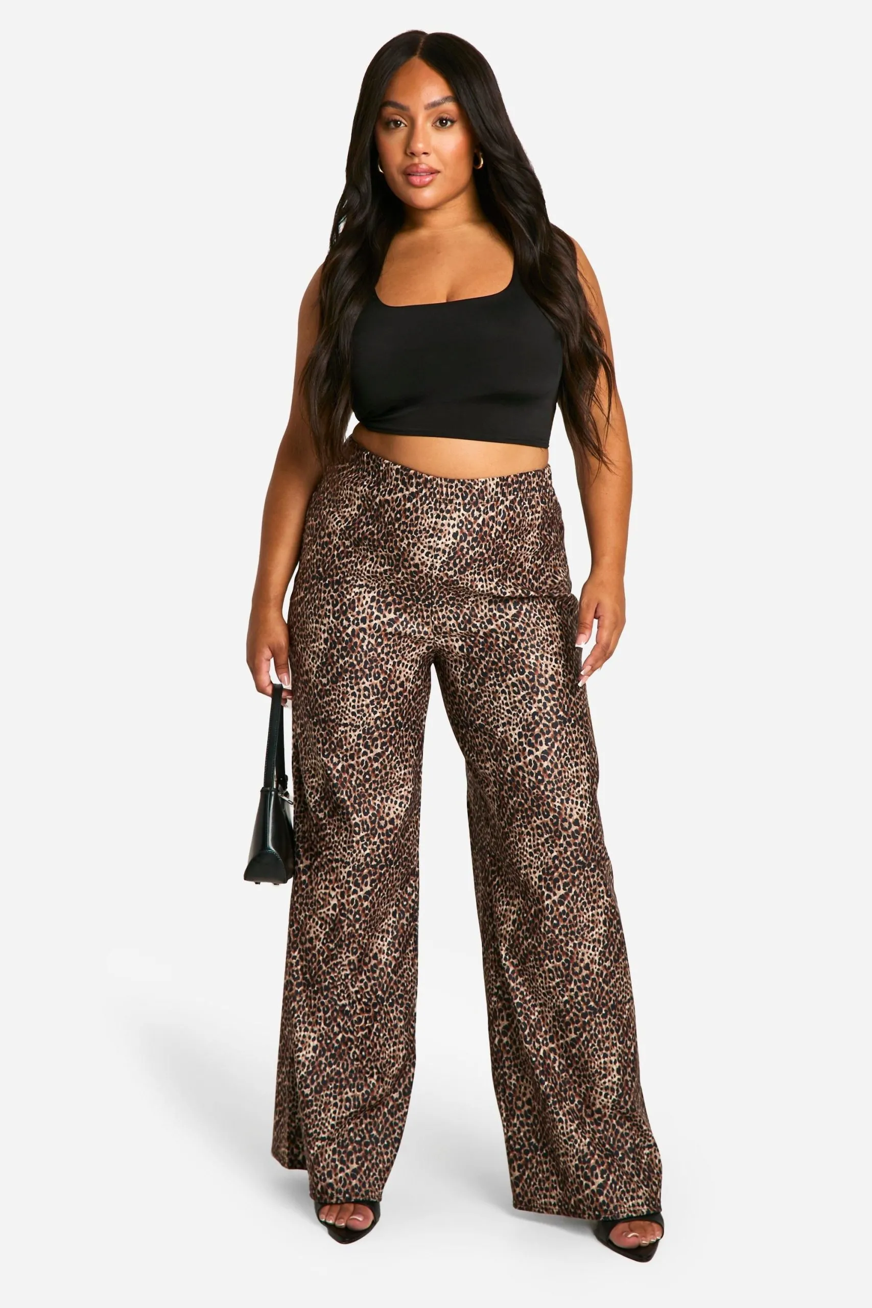 Plus Leopard Print Woven Stretch Wide Leg Trousers
