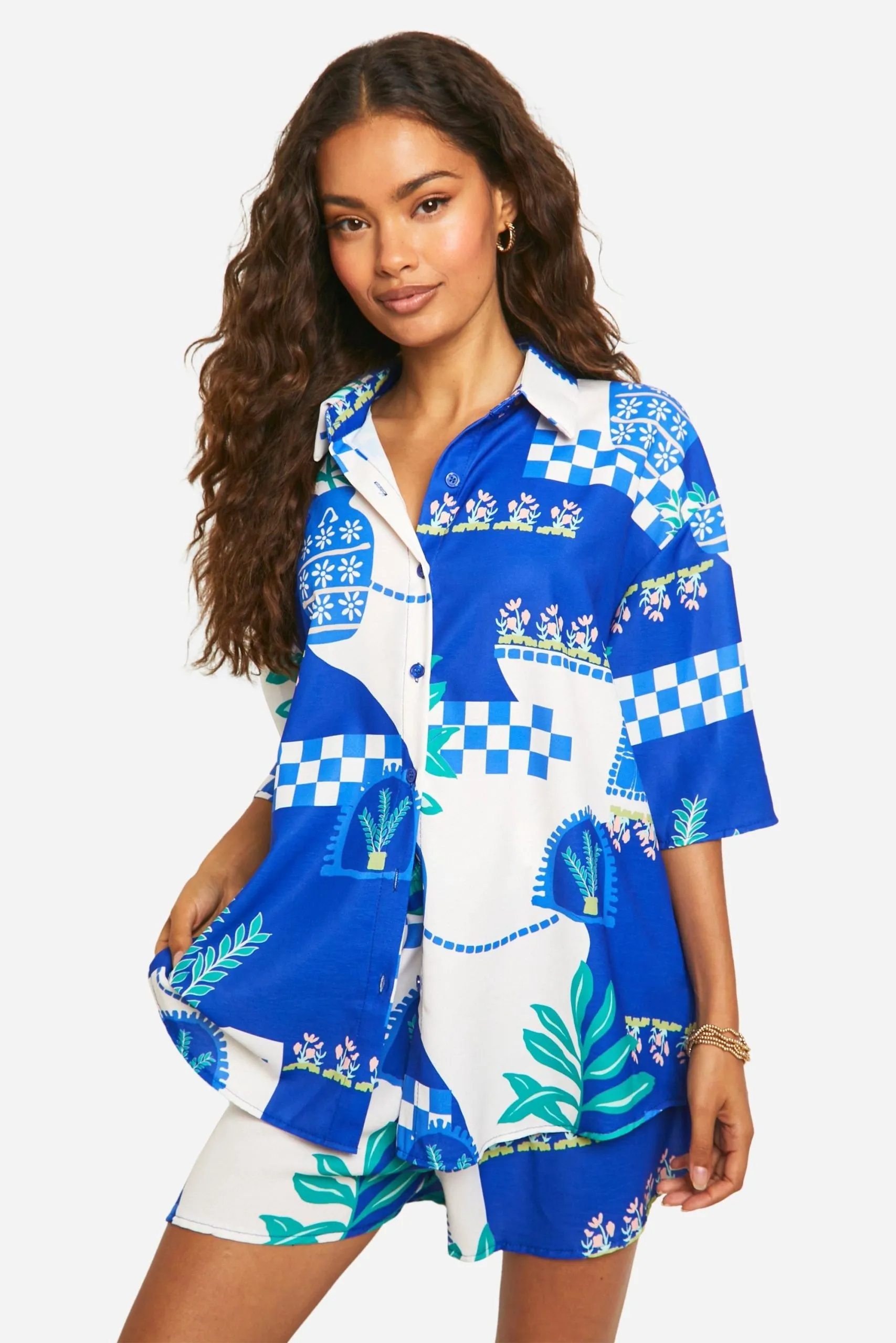 Hammered Boho Print Oversized Shirt & Shorts Set