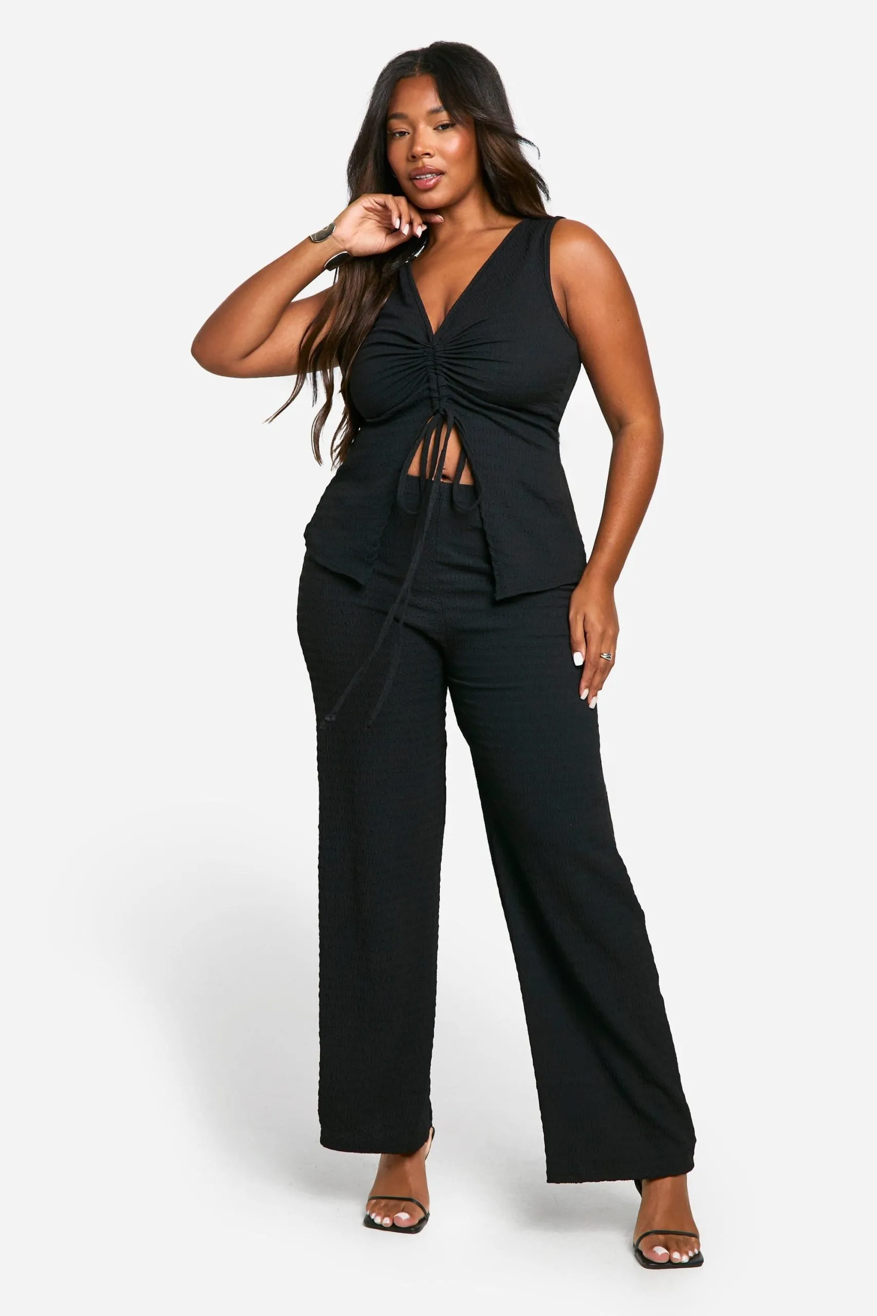 Plus Textured Ruched Top & Wide Leg Trouser Co Ord