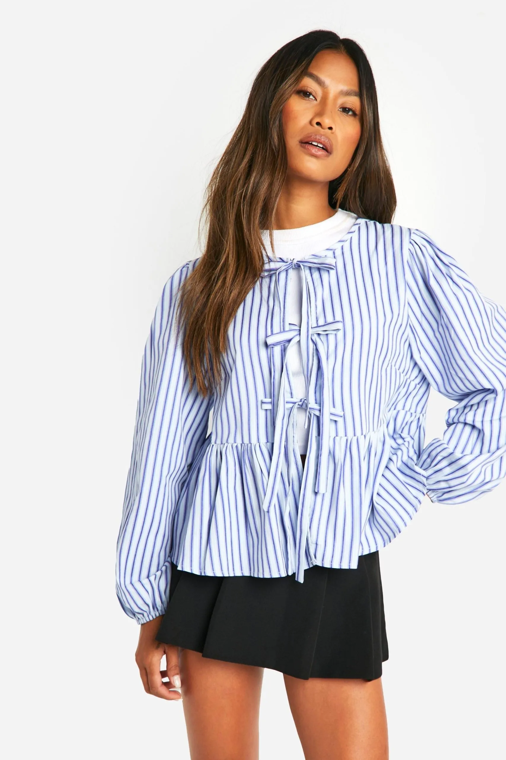 Blue Stripe Tie Front Puff Long Sleeve Smock Top