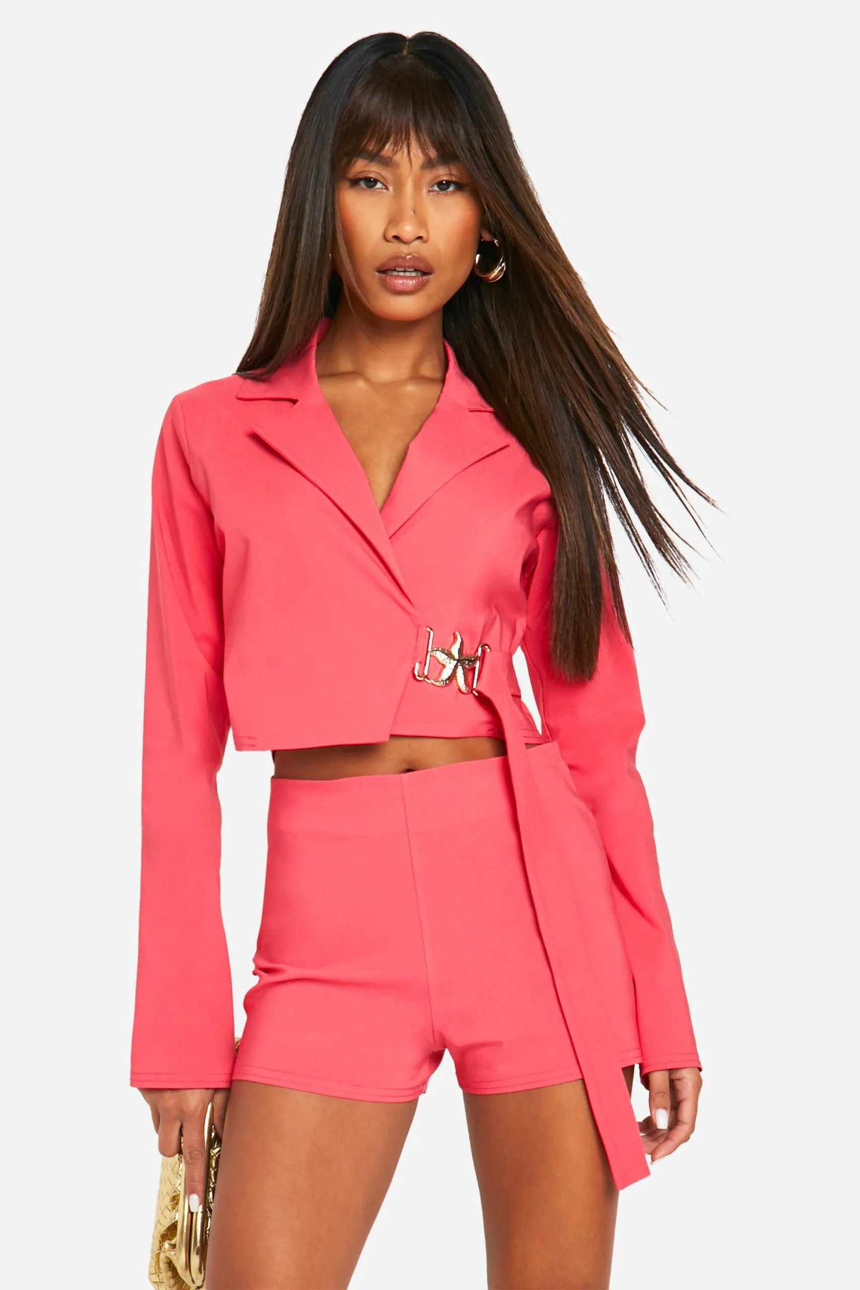 Super Stretch Trim Detail Tie Waist Cropped Blazer