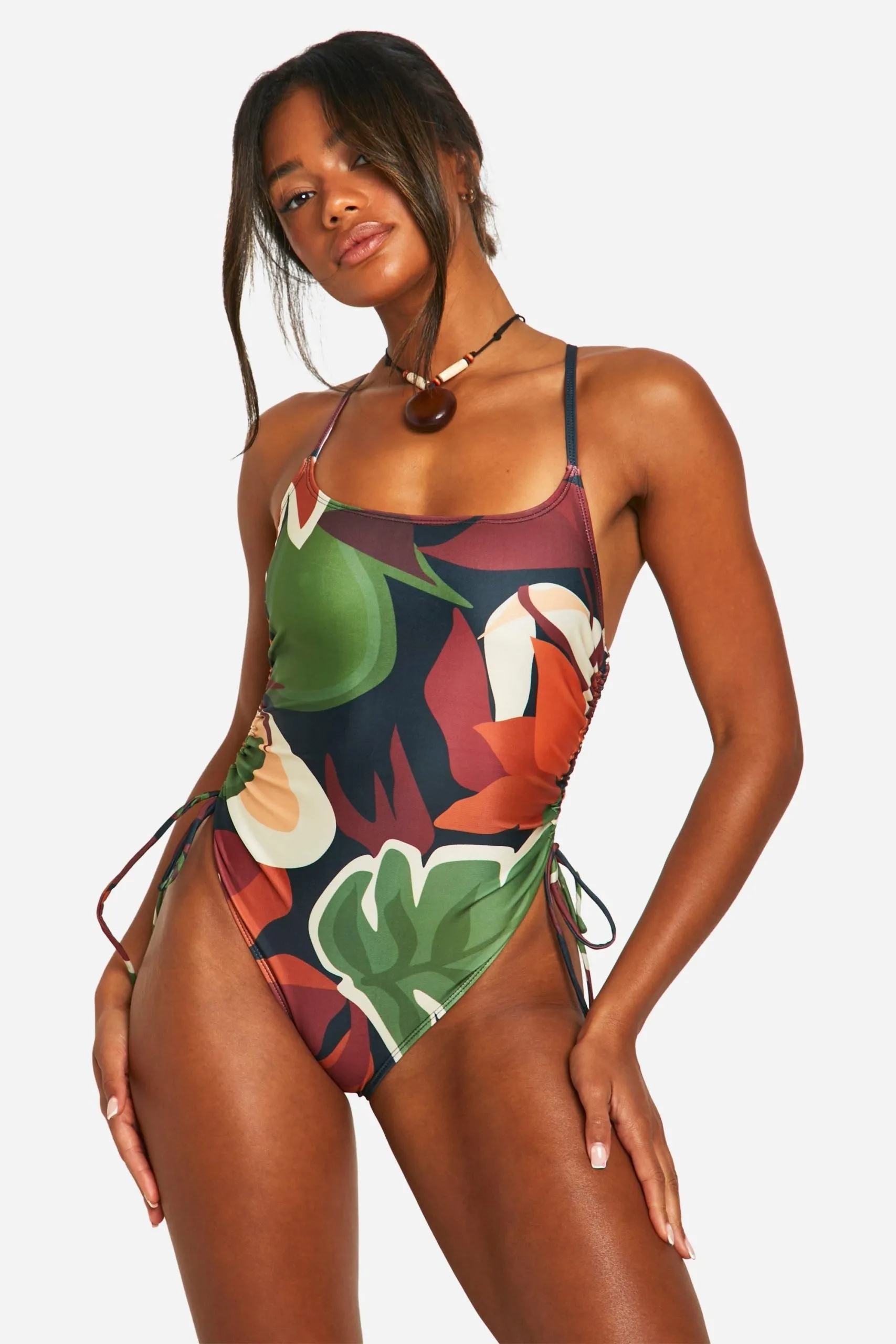 Tropical Ruched Side Swimsuit