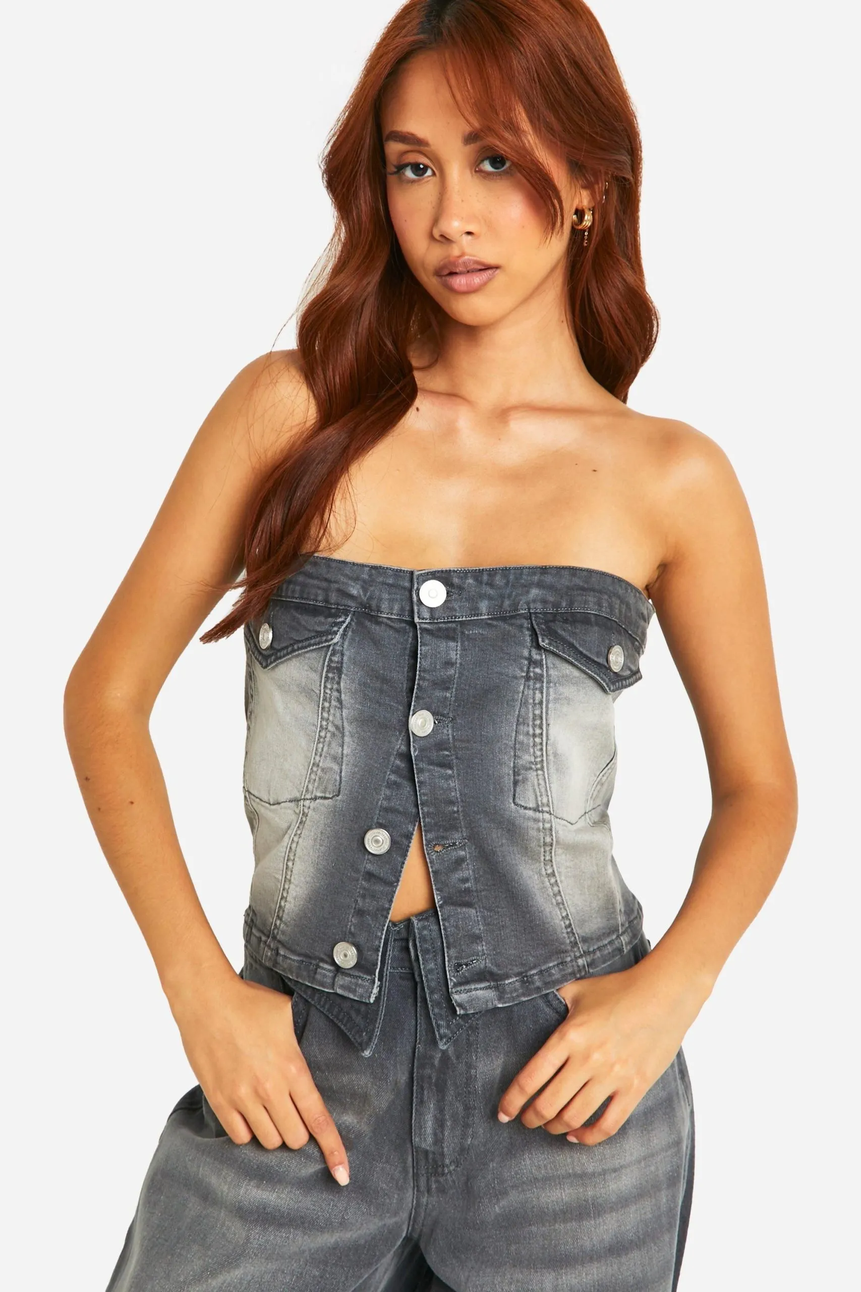 Washed Grey Stretch Denim Button Detail Bandeau Top