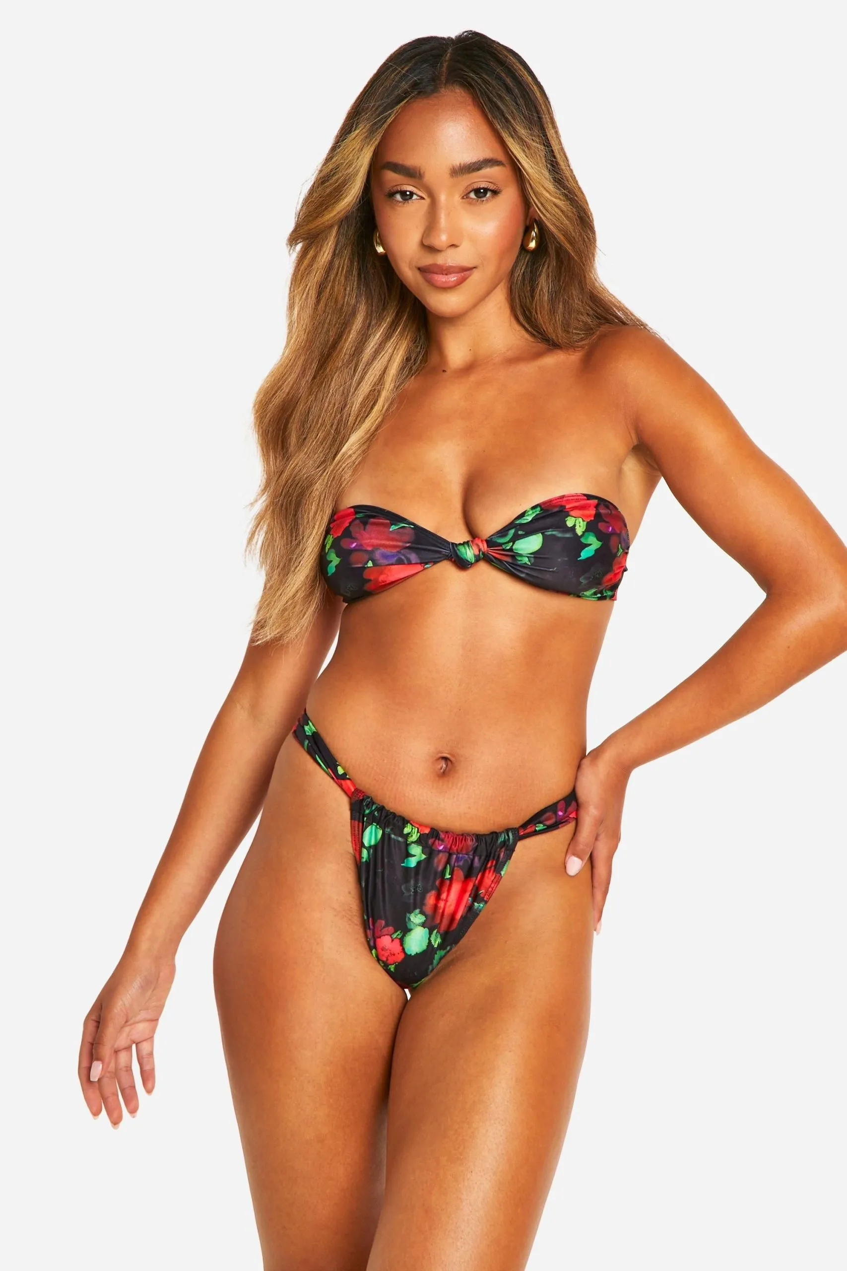 Floral Print Knot Front Bandeau Bikini Top & Tanga Bikini Bottoms Set