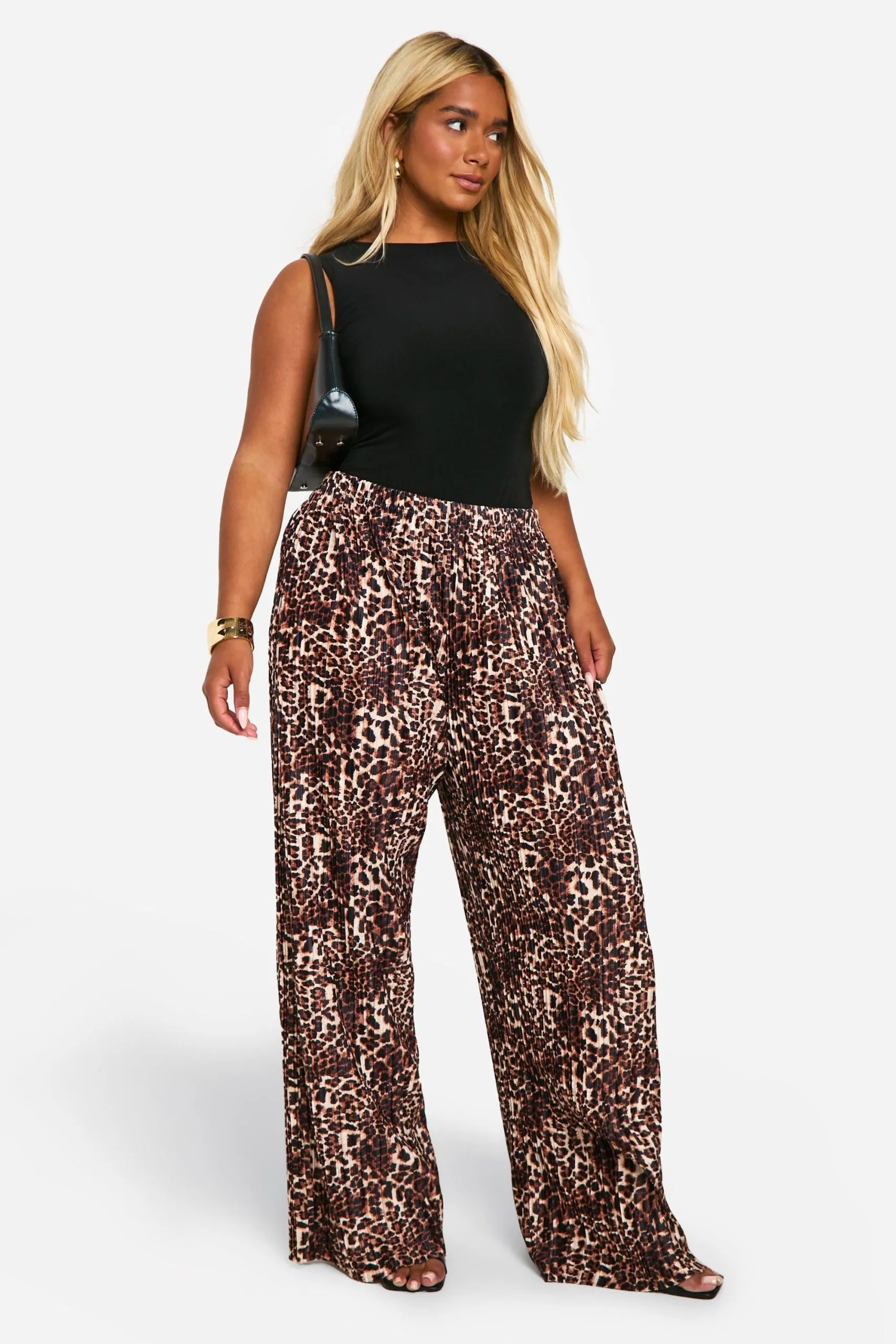 Plus Plisse Leopard Print Wide Leg Trouser