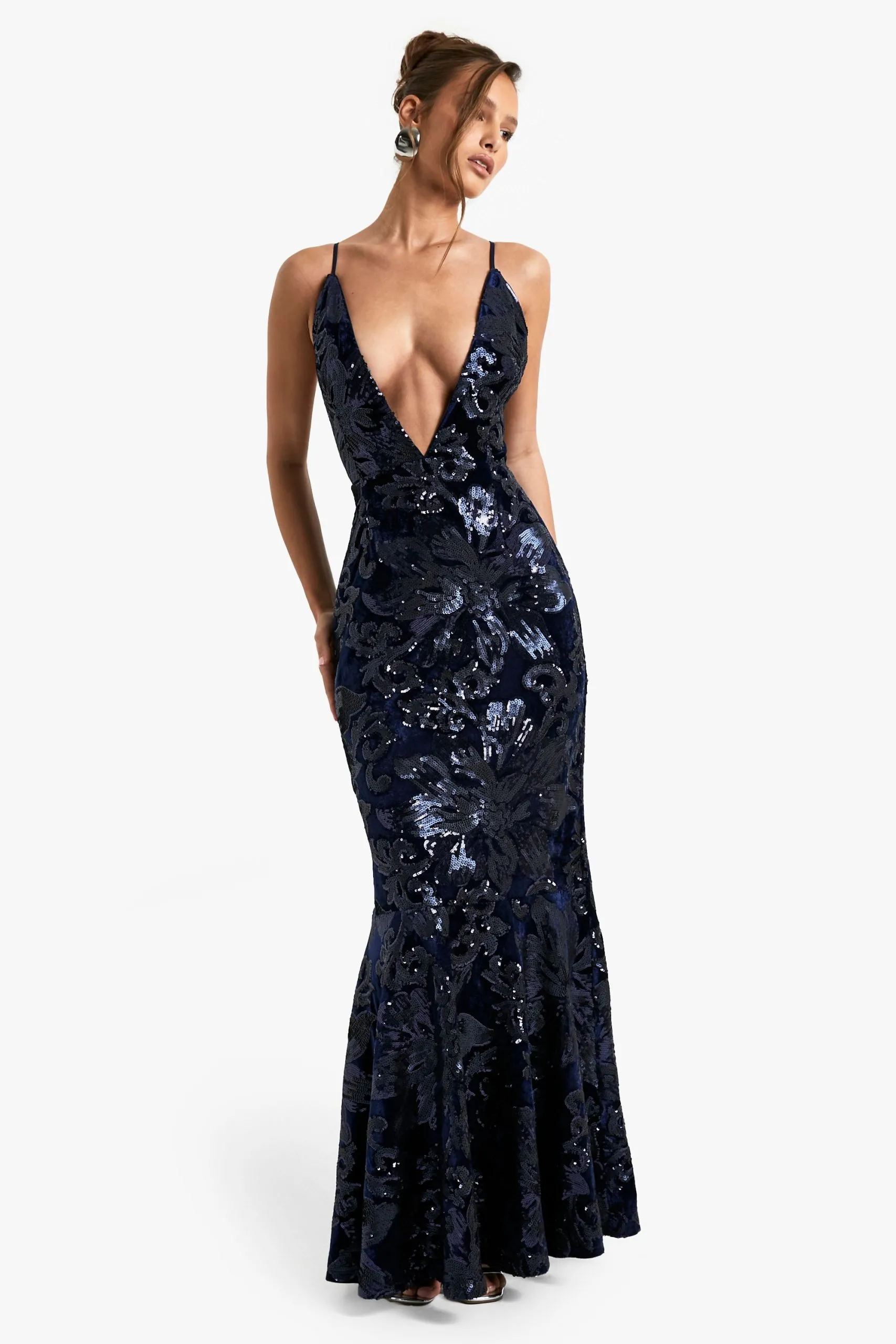 Plunge Strappy Demask Sequin Maxi Dress