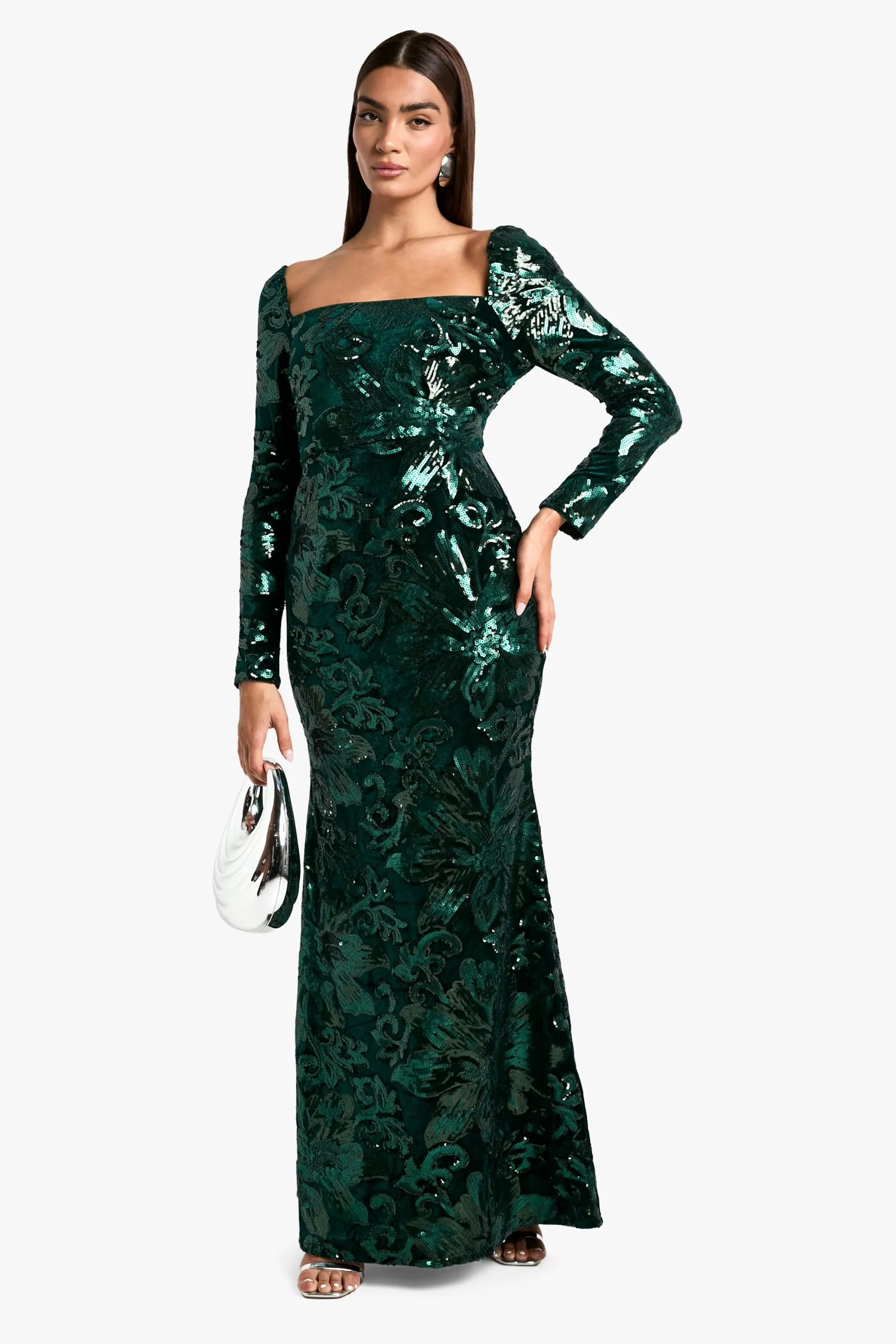 Square Neck Demask Sequin Maxi Dress
