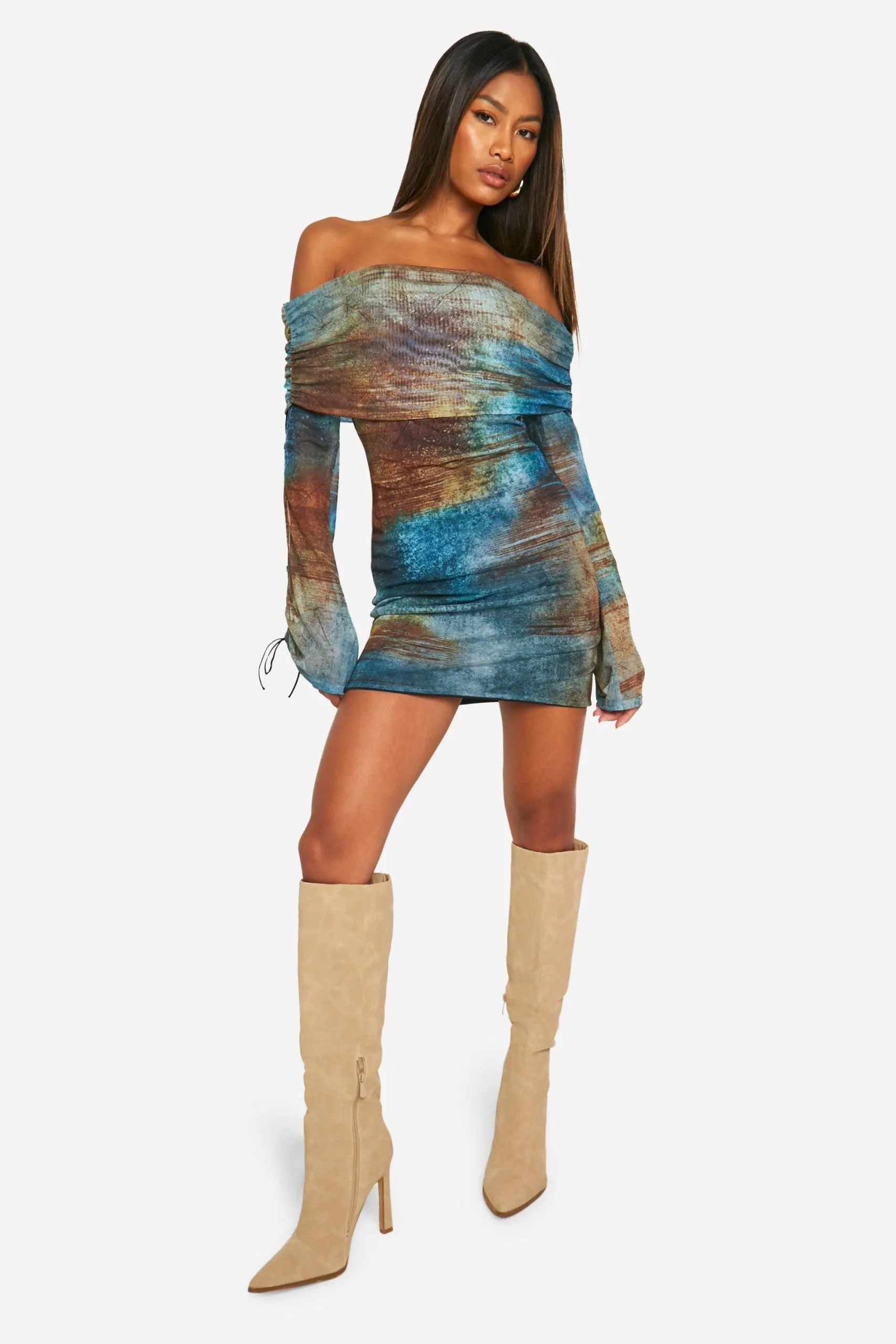 Printed Mesh Lace Up Detail Flare Sleeve Mini Dress