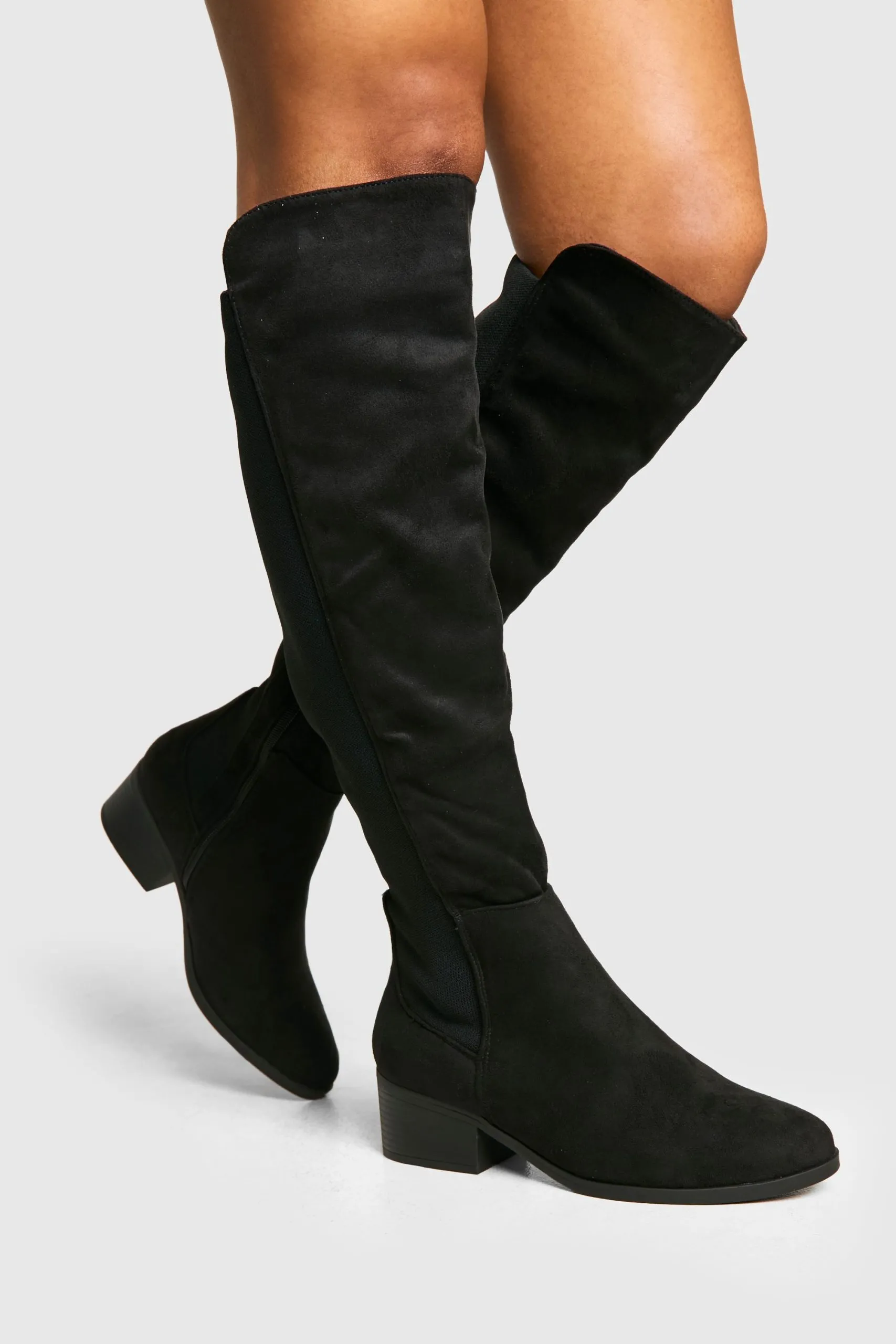 Wide Fit Elastic Panel Detail Knee High Boots