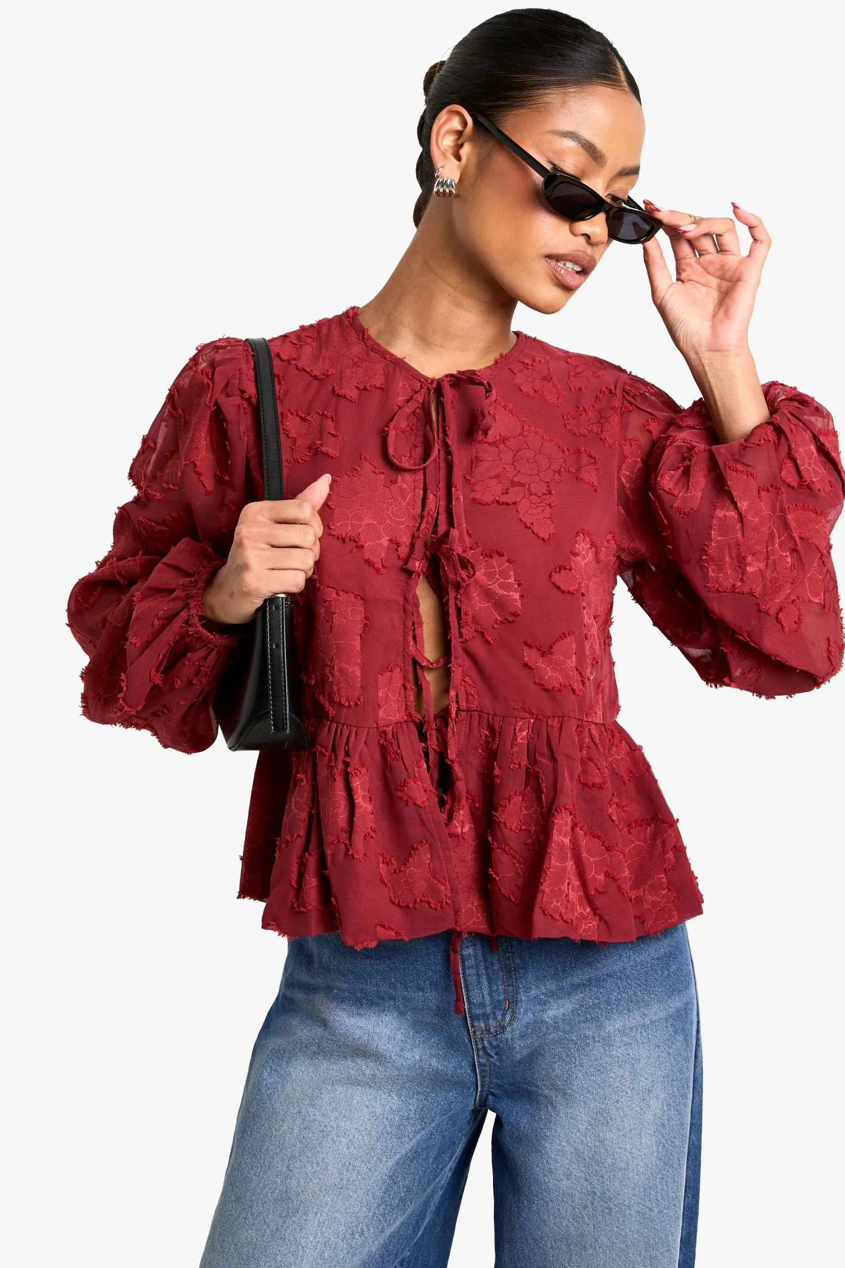 Burnout Floral Tie Front Puff Sleeve Smock Top