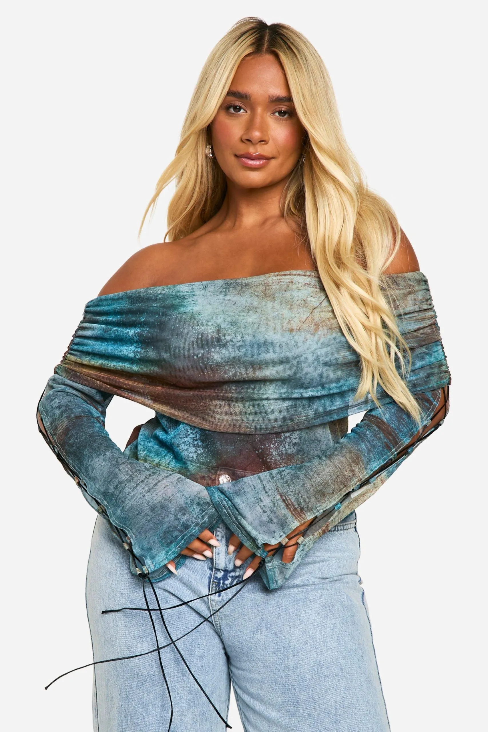 Plus Bardot Grunge Print Lace Up Detail Top