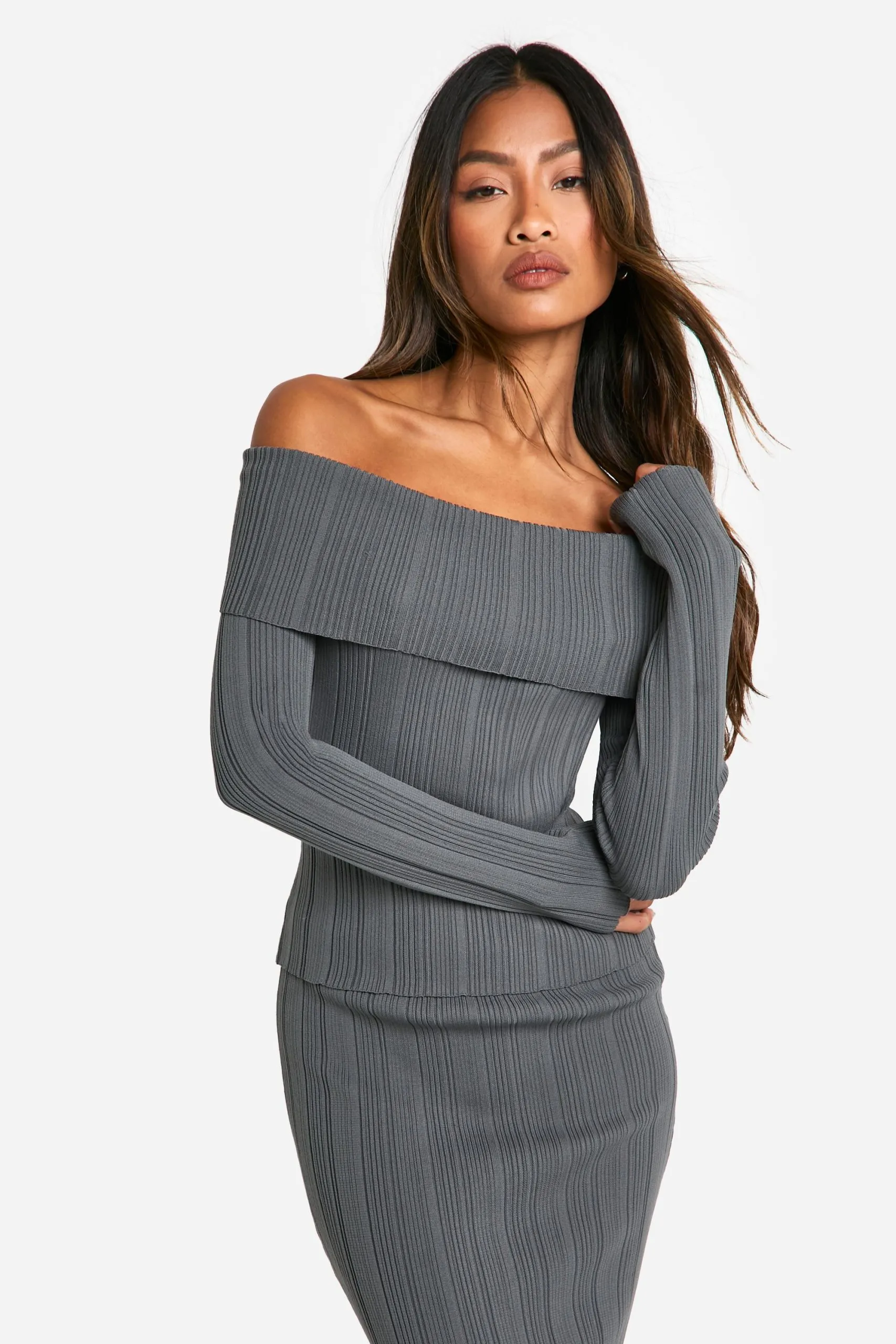 Lightweight Rib Knitted Bardot Long Sleeve Top