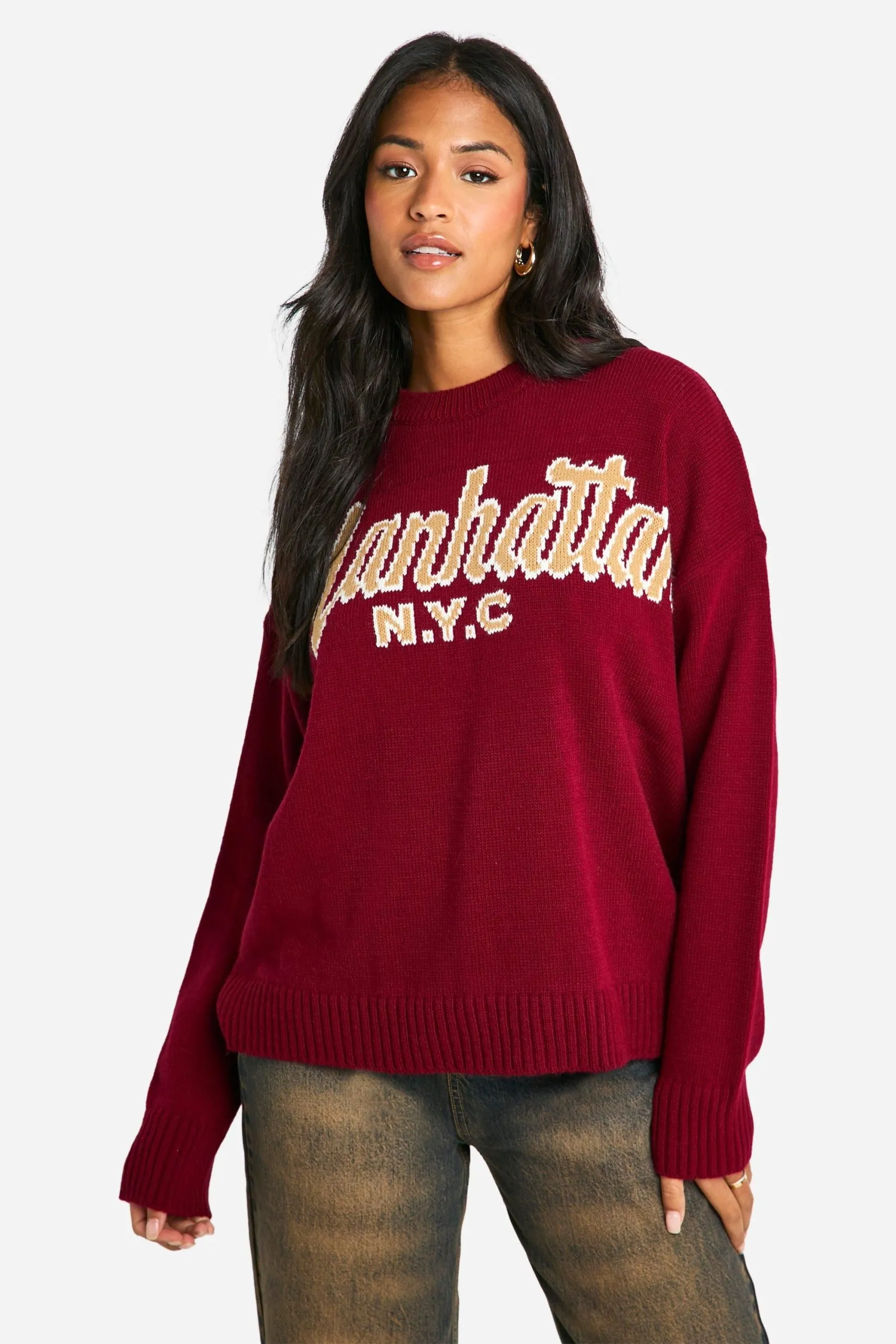 Tall Embroidered Manhattan Oversized Knitted Crew Neck Jumper