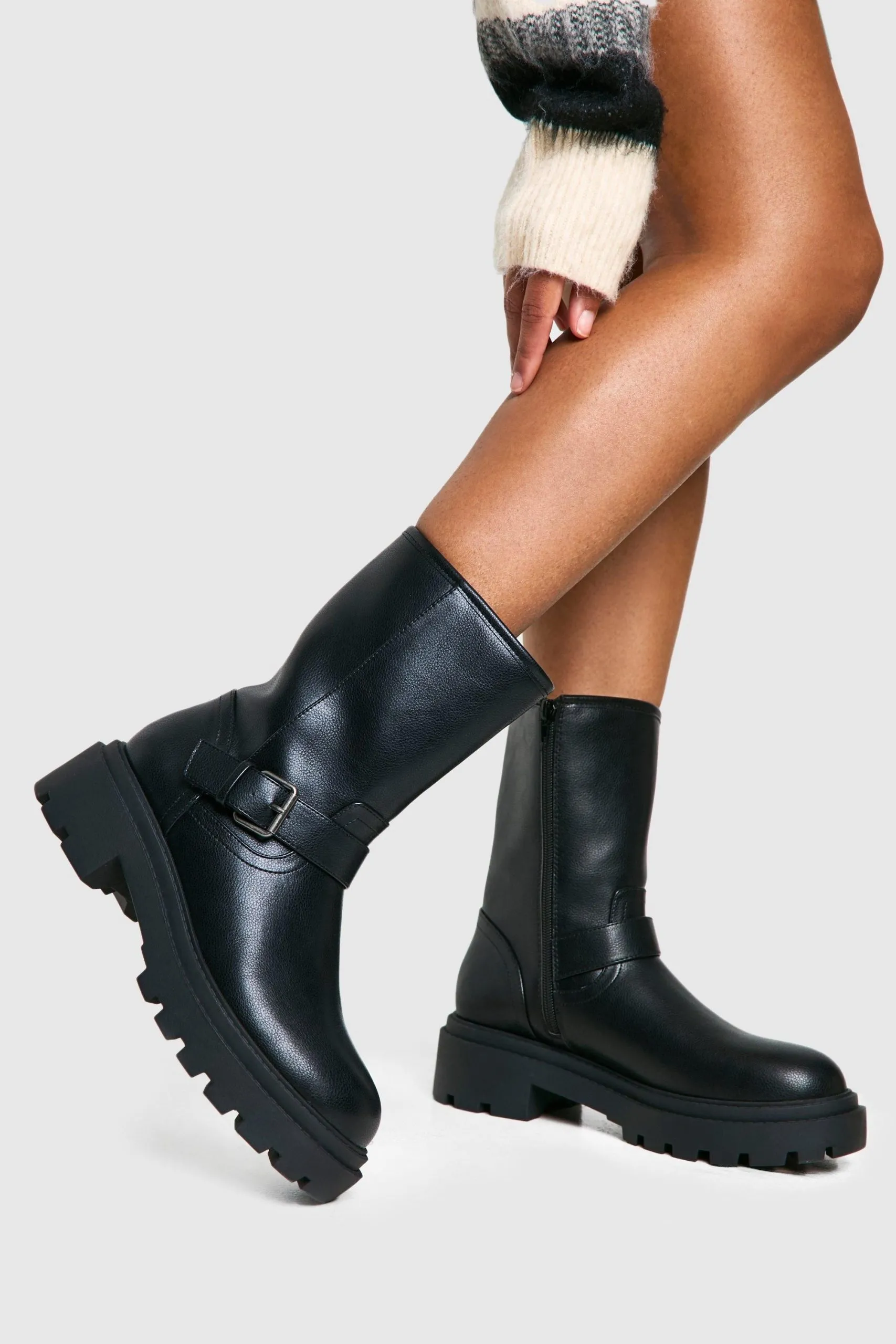 Biker Buckle Detail Chunky Ankle Boot