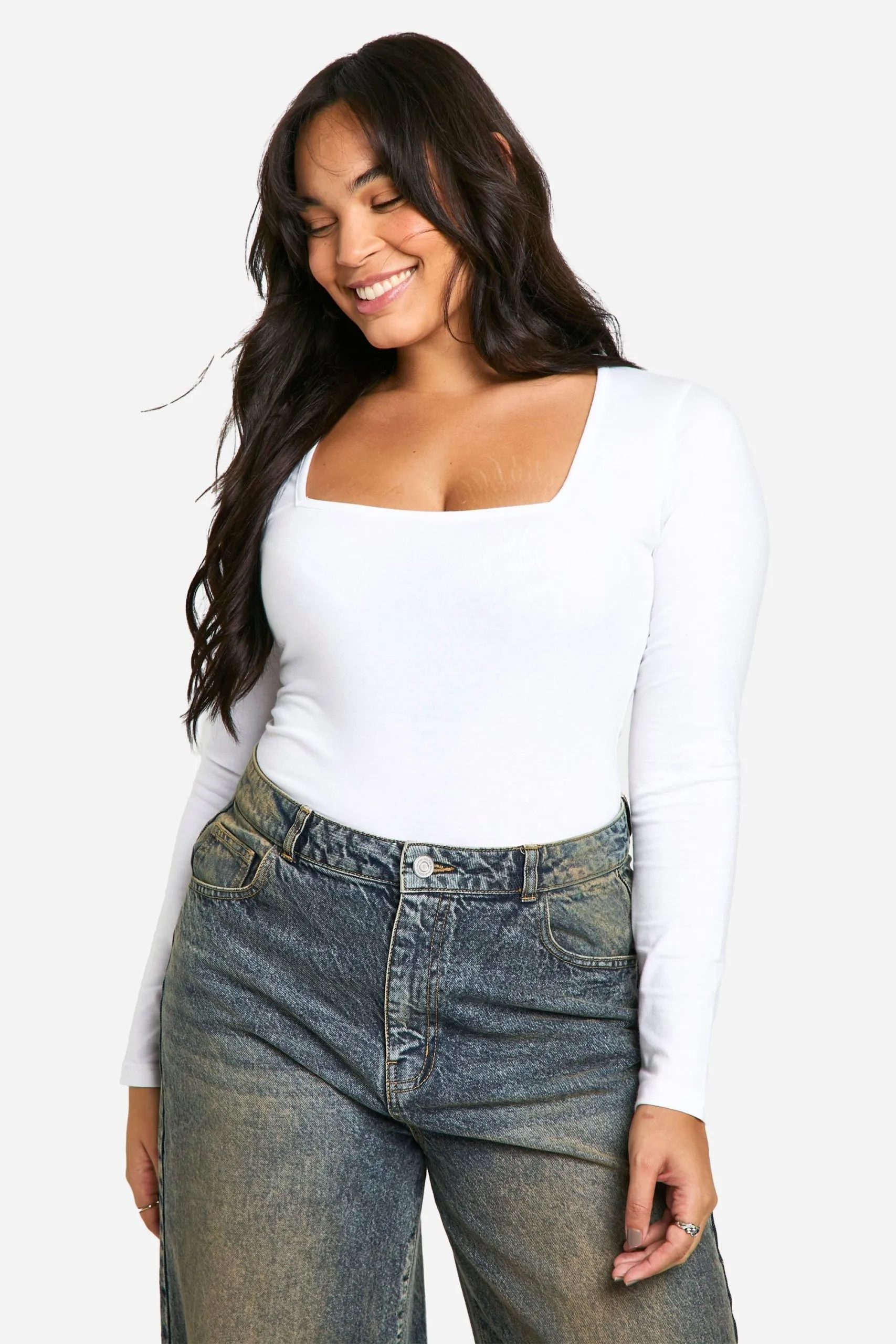Boohoo Basics Plus Cotton Square Neck Long Sleeve Bodysuit