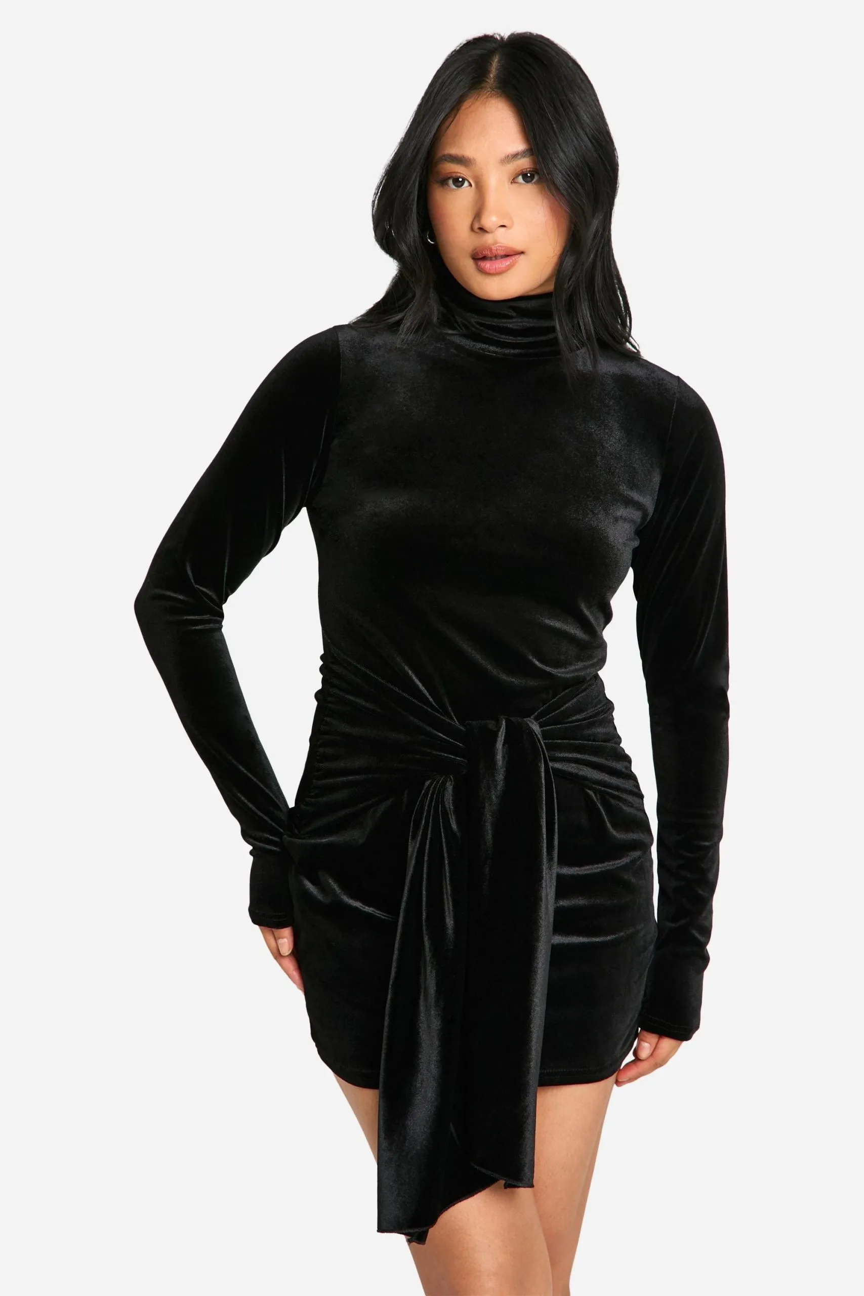 Petite Velvet High Neck Wrap Detail Mini Dress