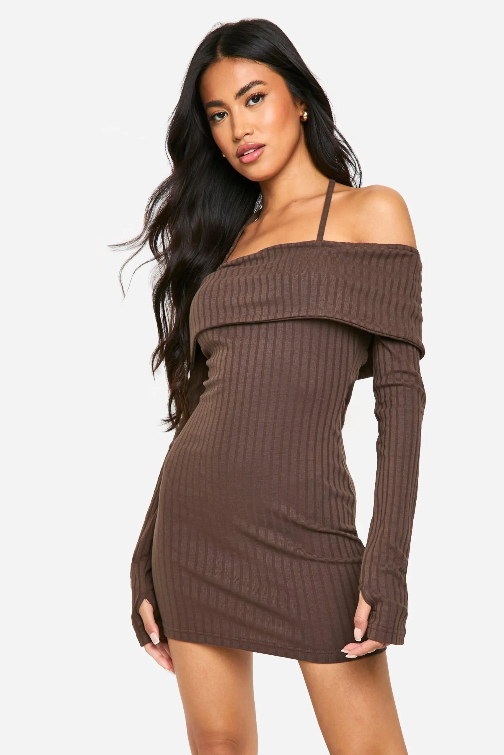 Wide Rib Bardot Tie Mini Dress