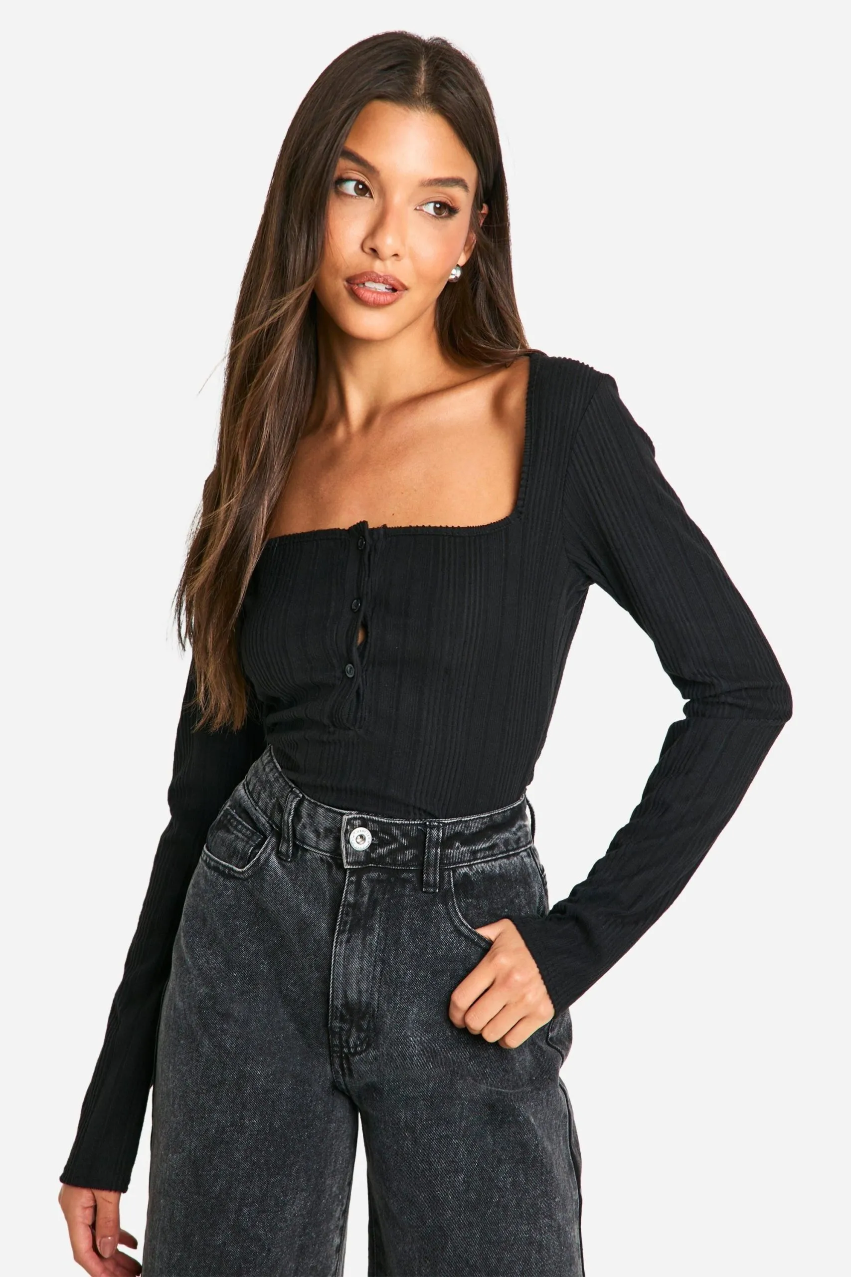 Brushed Rib Square Neck Button Top