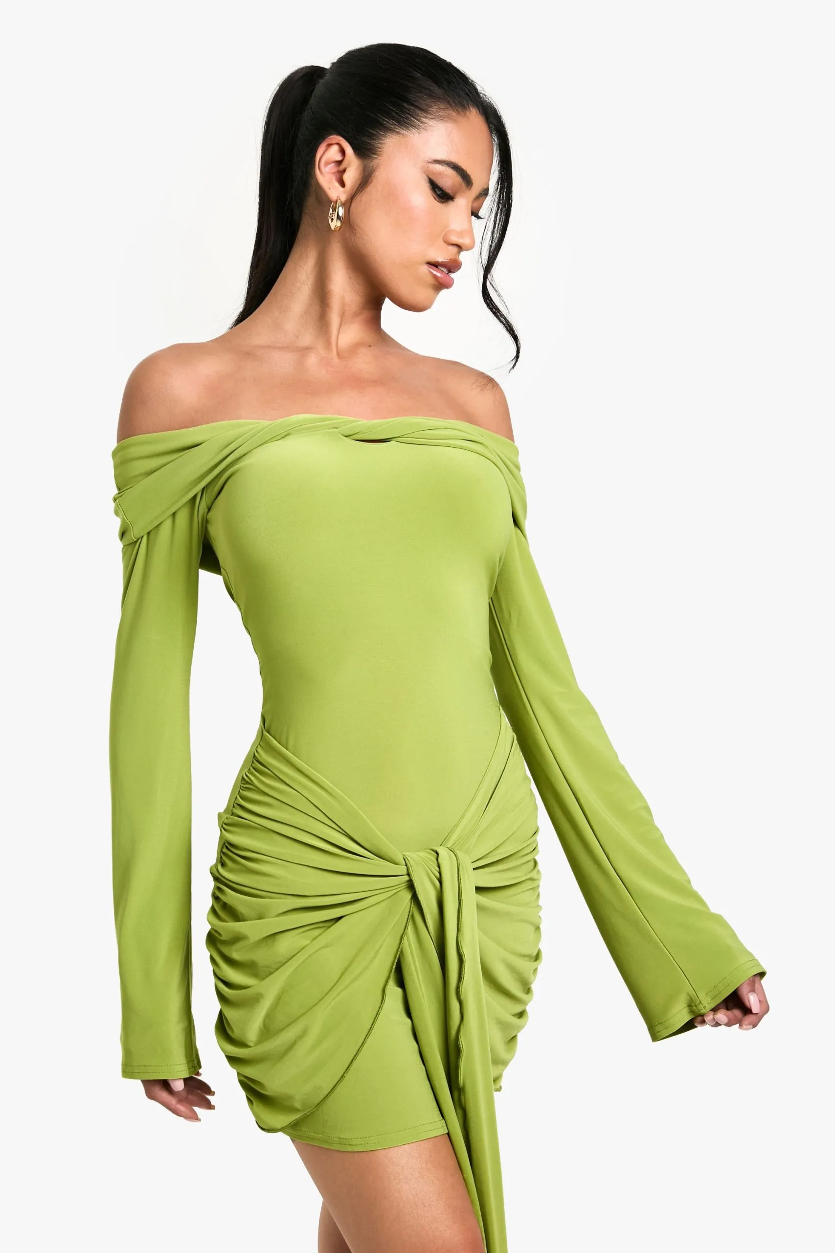 Twist Detail Off Shoulder Flare  Long Sleeve Mini Dress