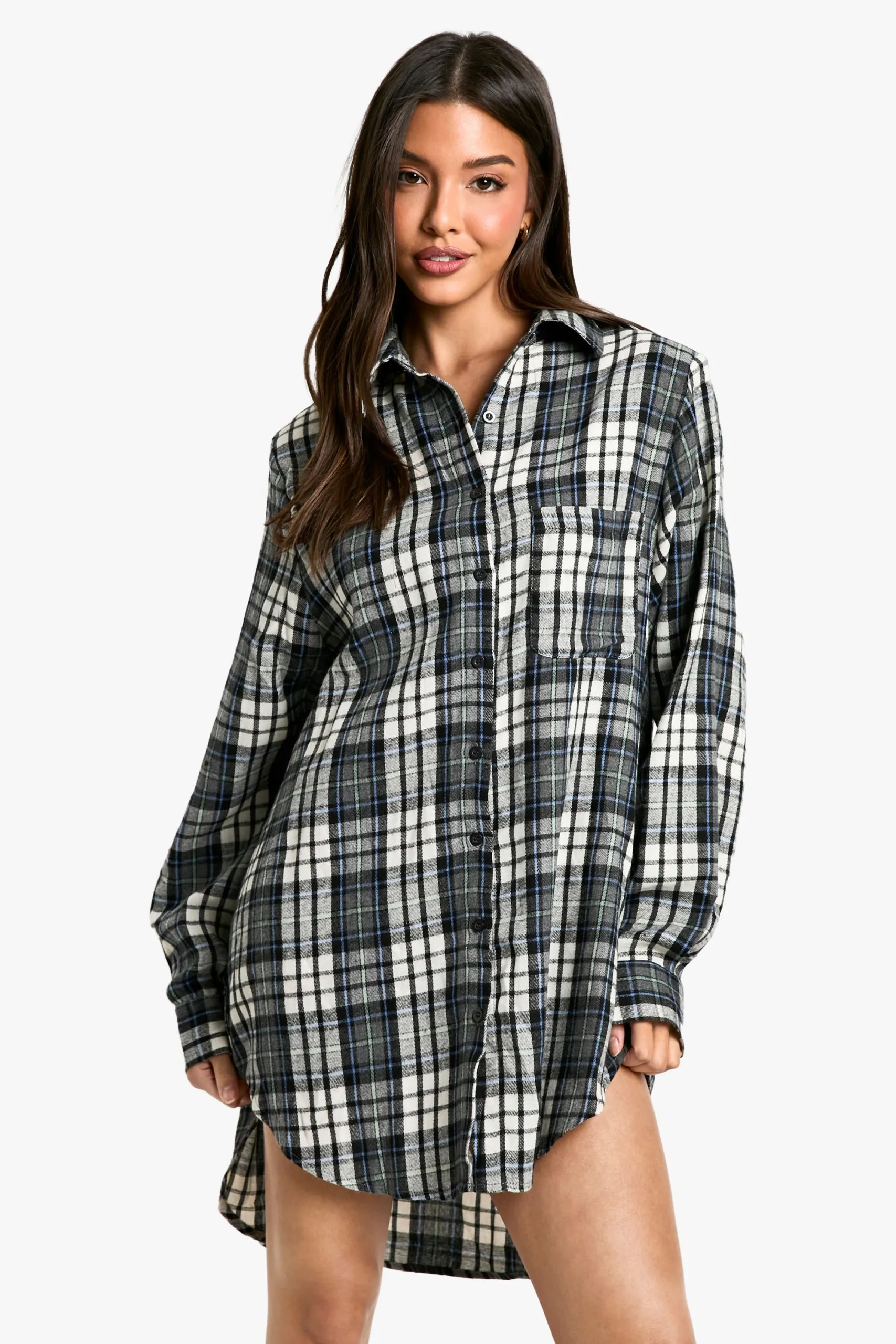 Shoulder Pad Oversized Check Shirt Dress