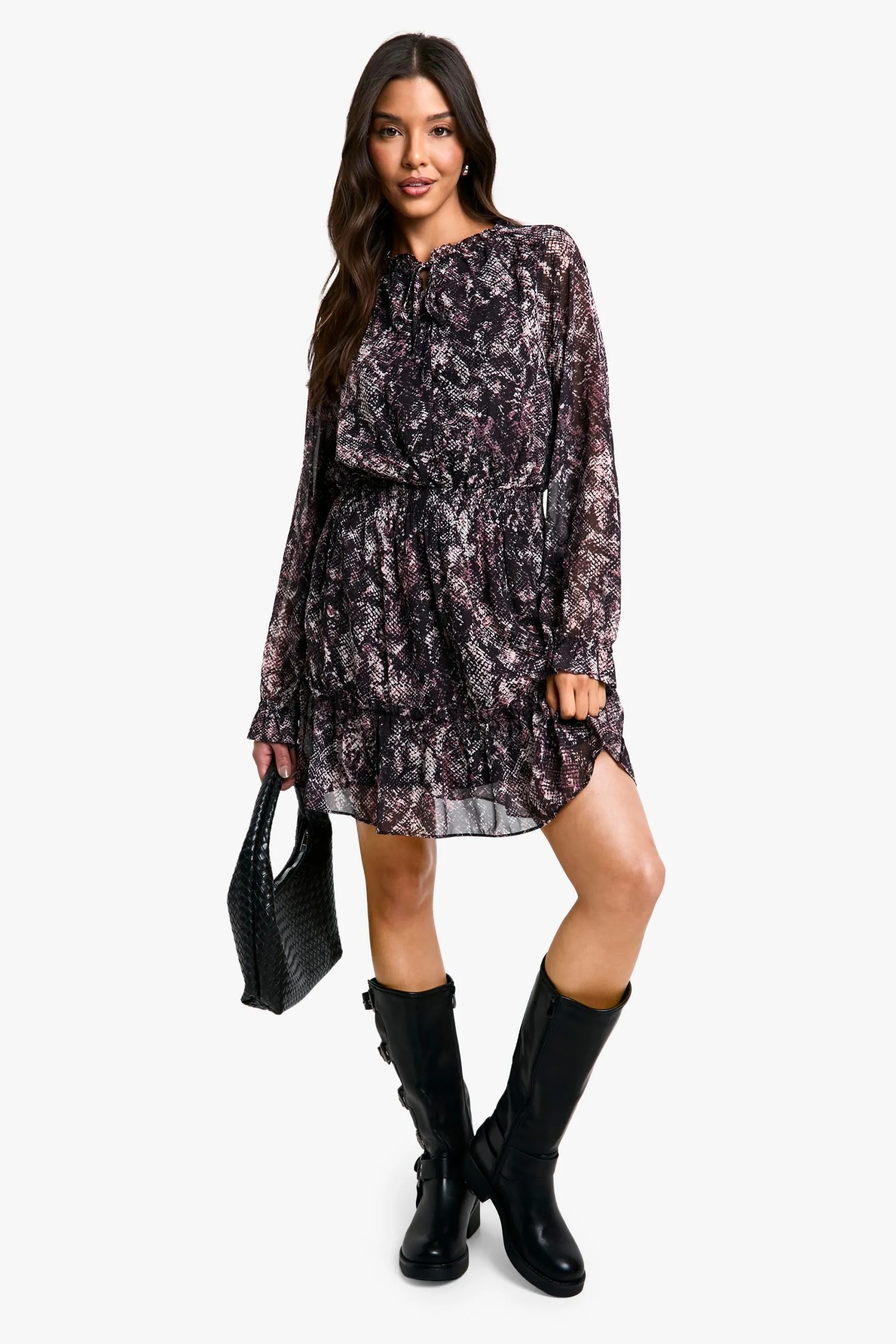 Snake Print Chiffon Long Sleeve Skater Dress