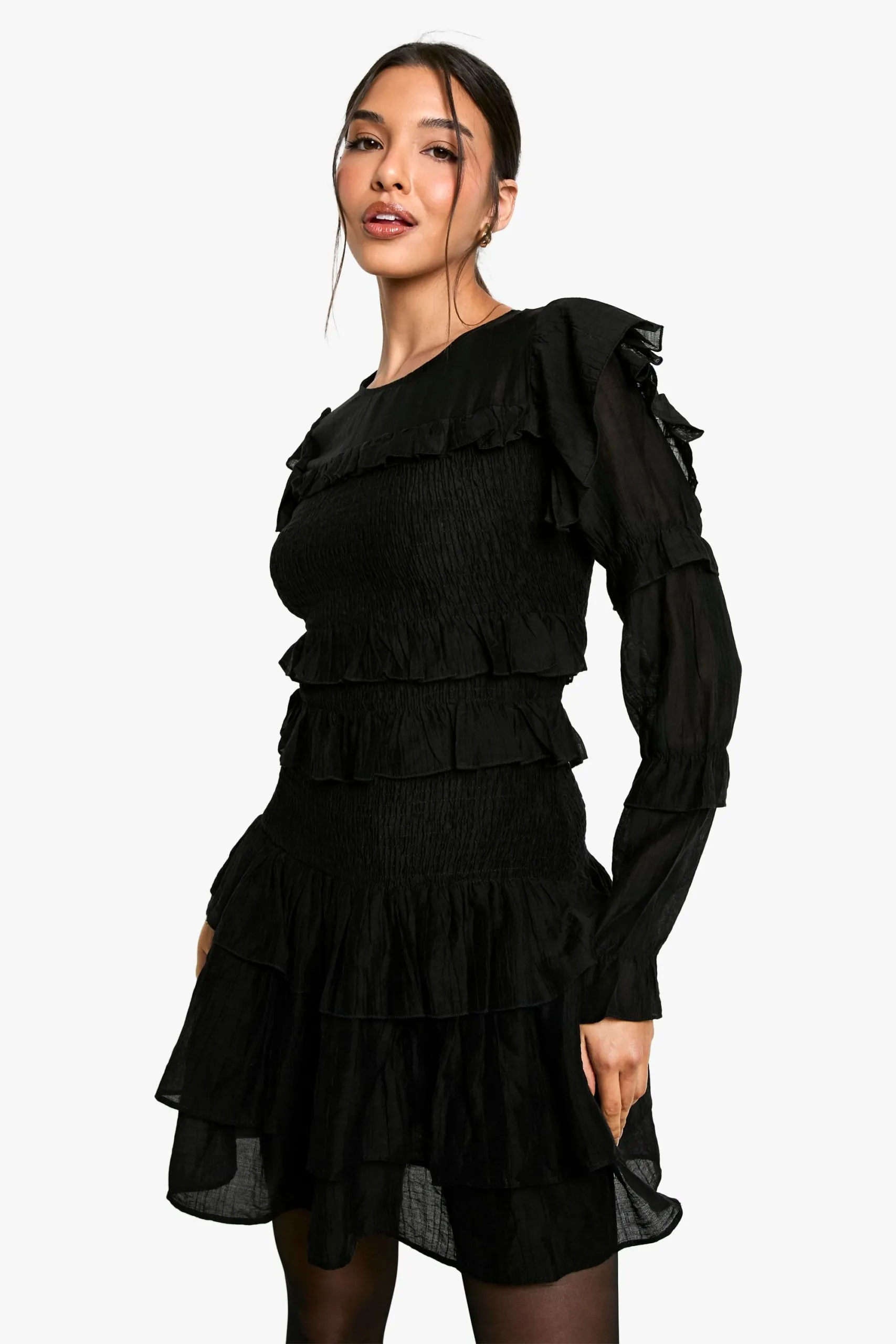 Sheered Long Sleeve Ruffle Mini Dress