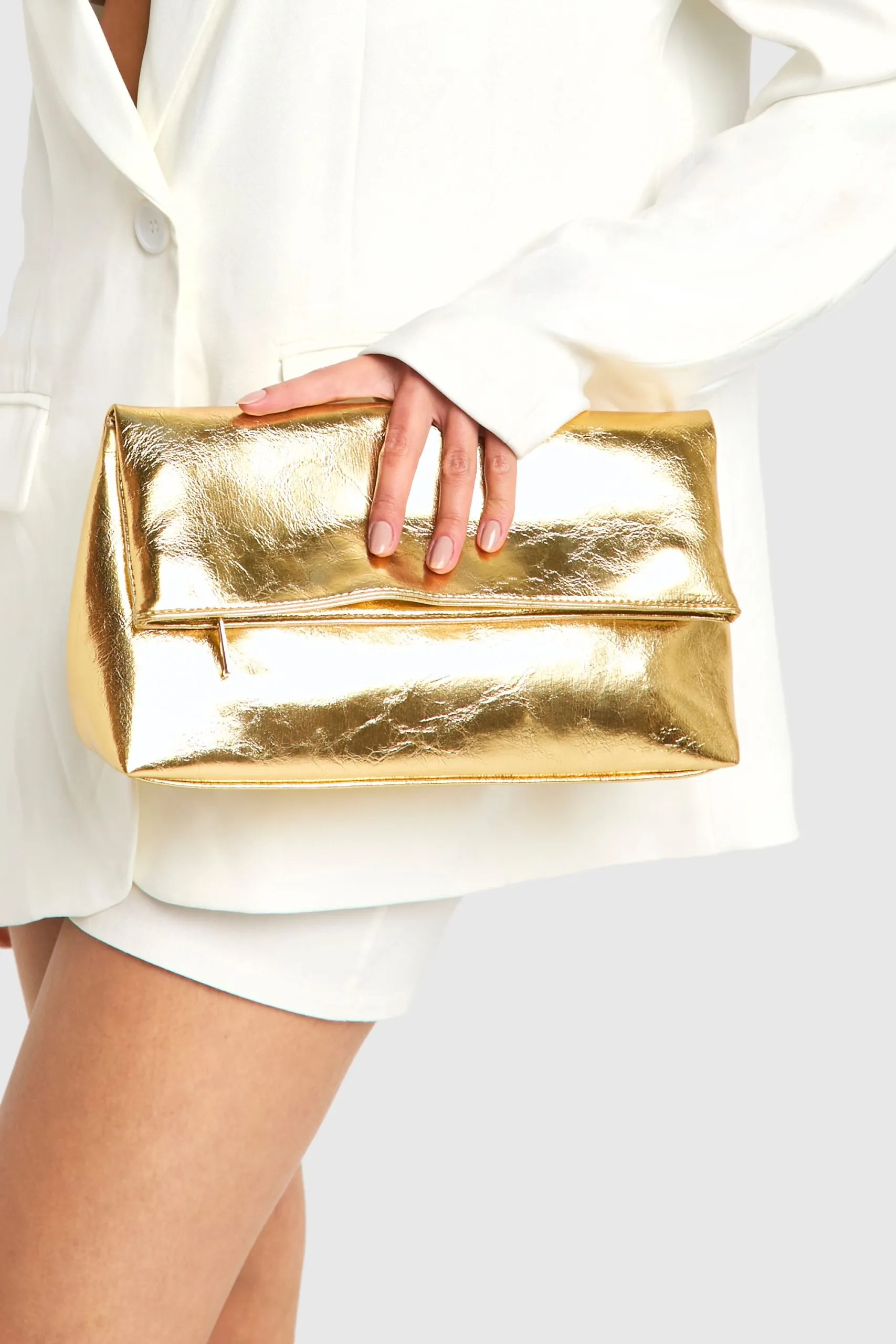Large Metallic Fold Over Clutch Bag