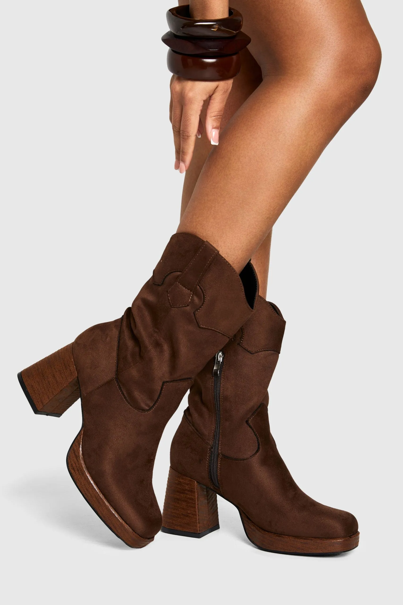Faux Suede Platform Wooden Heel Detail Ankle Boot