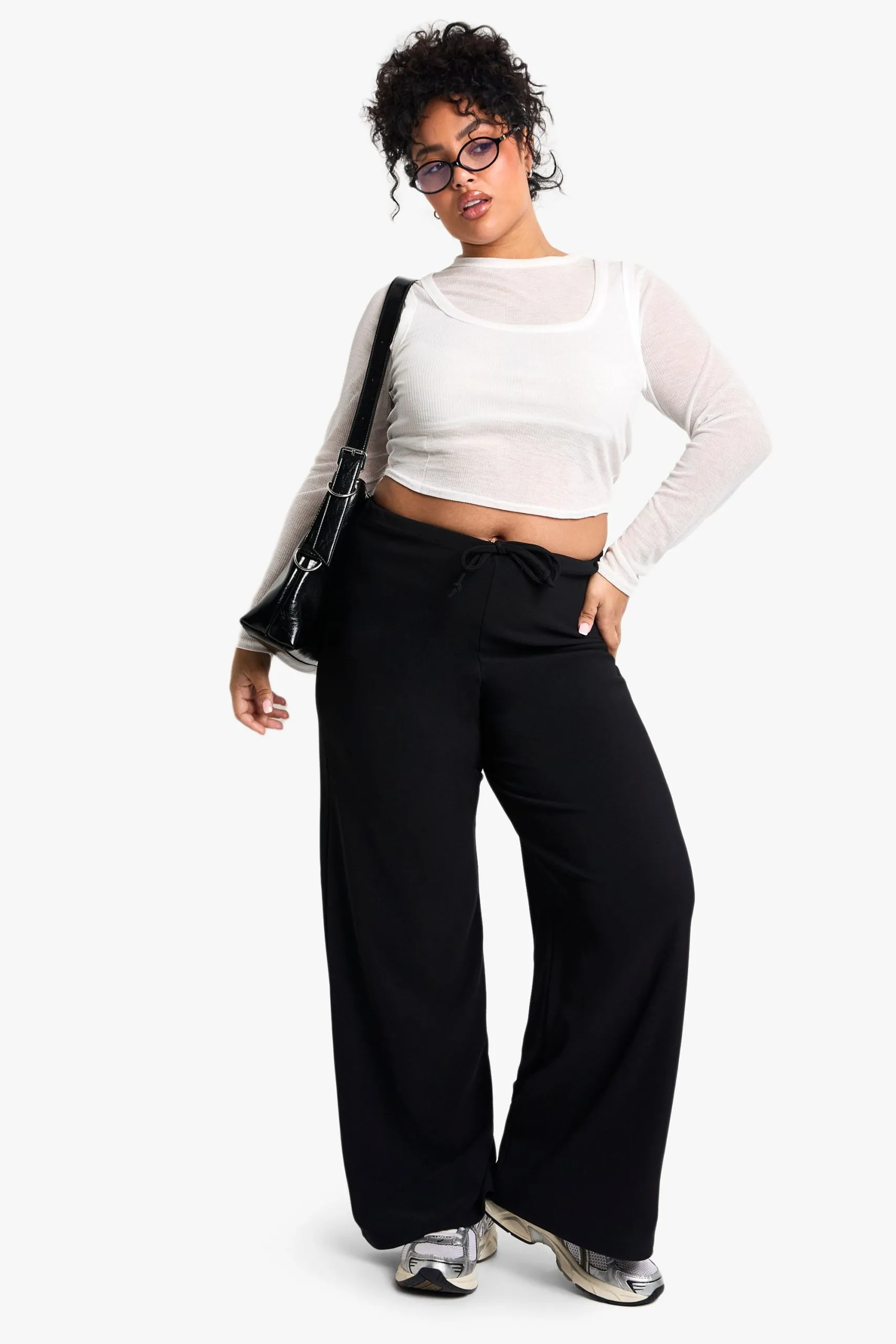Boohoo Basics Plus Rib Drawstring Waist Wide Leg Trouser
