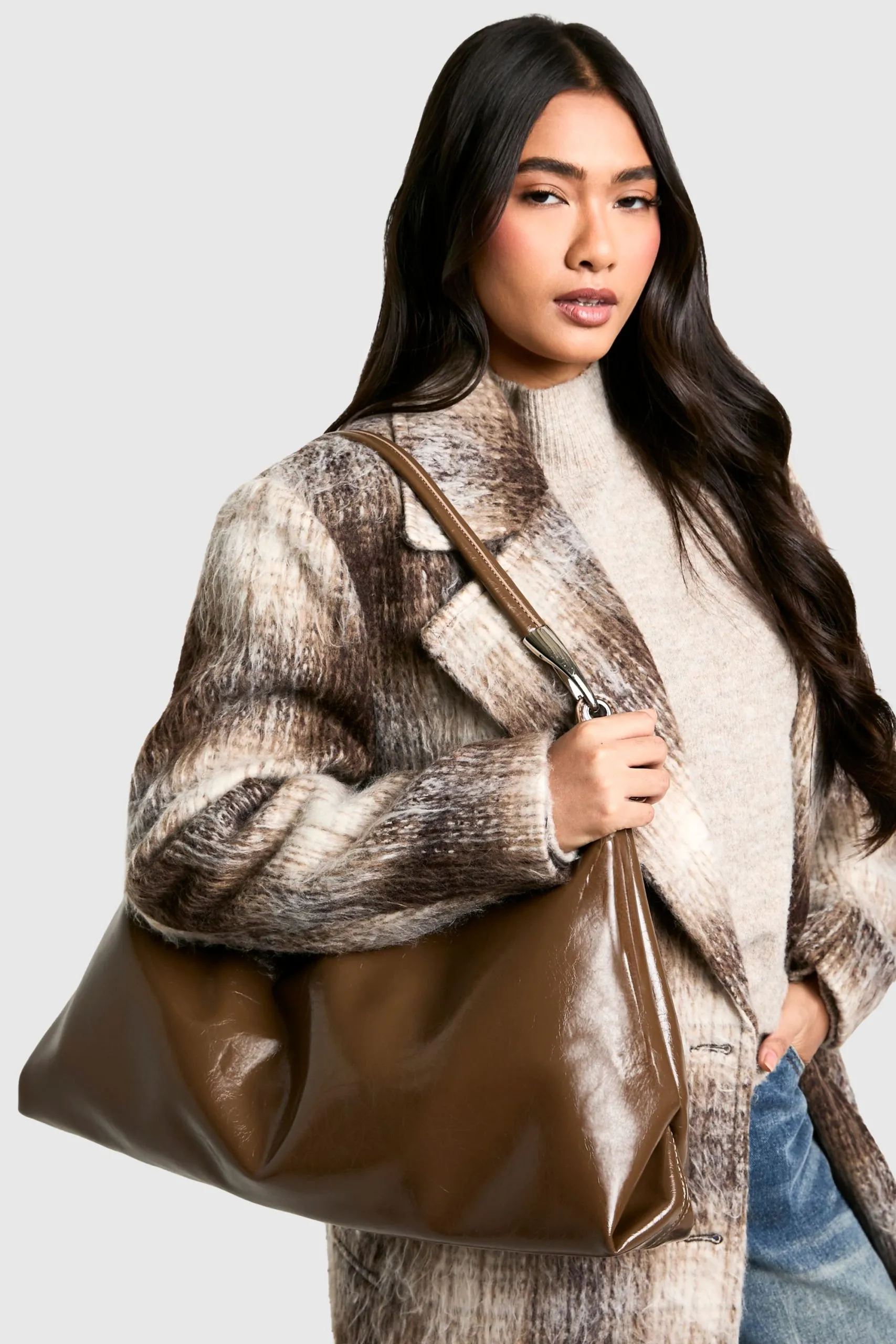 Shiny Leather Slouchy Shoulder Bag