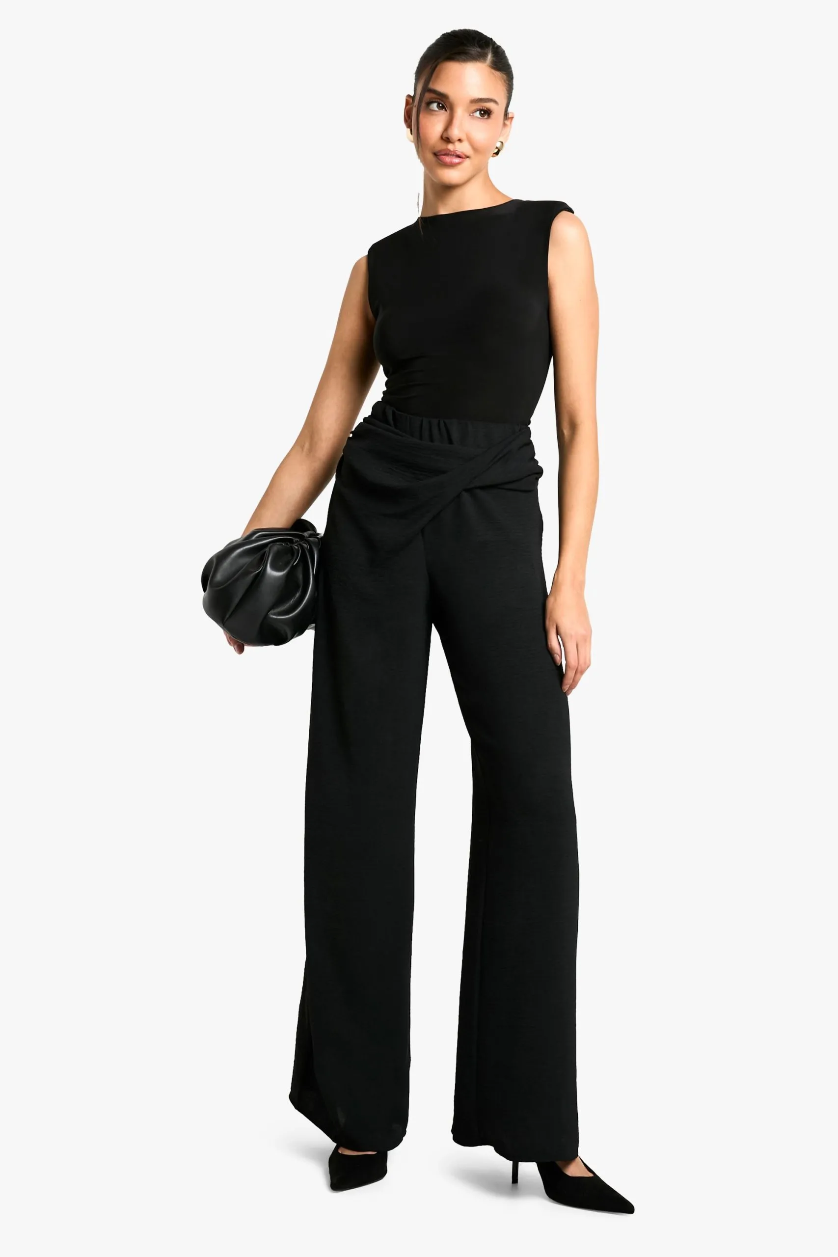 Wrap Waistband Detail Hammered Wide Leg Trousers
