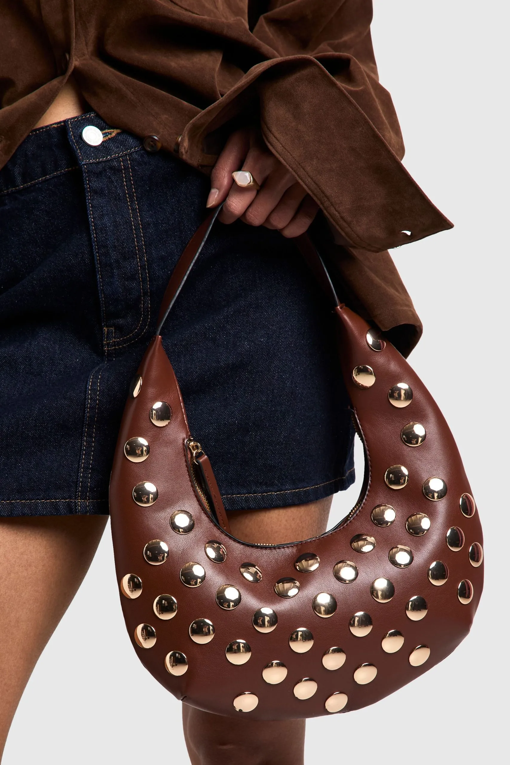 Half Moon Studded Leather Look Shoulder Bag