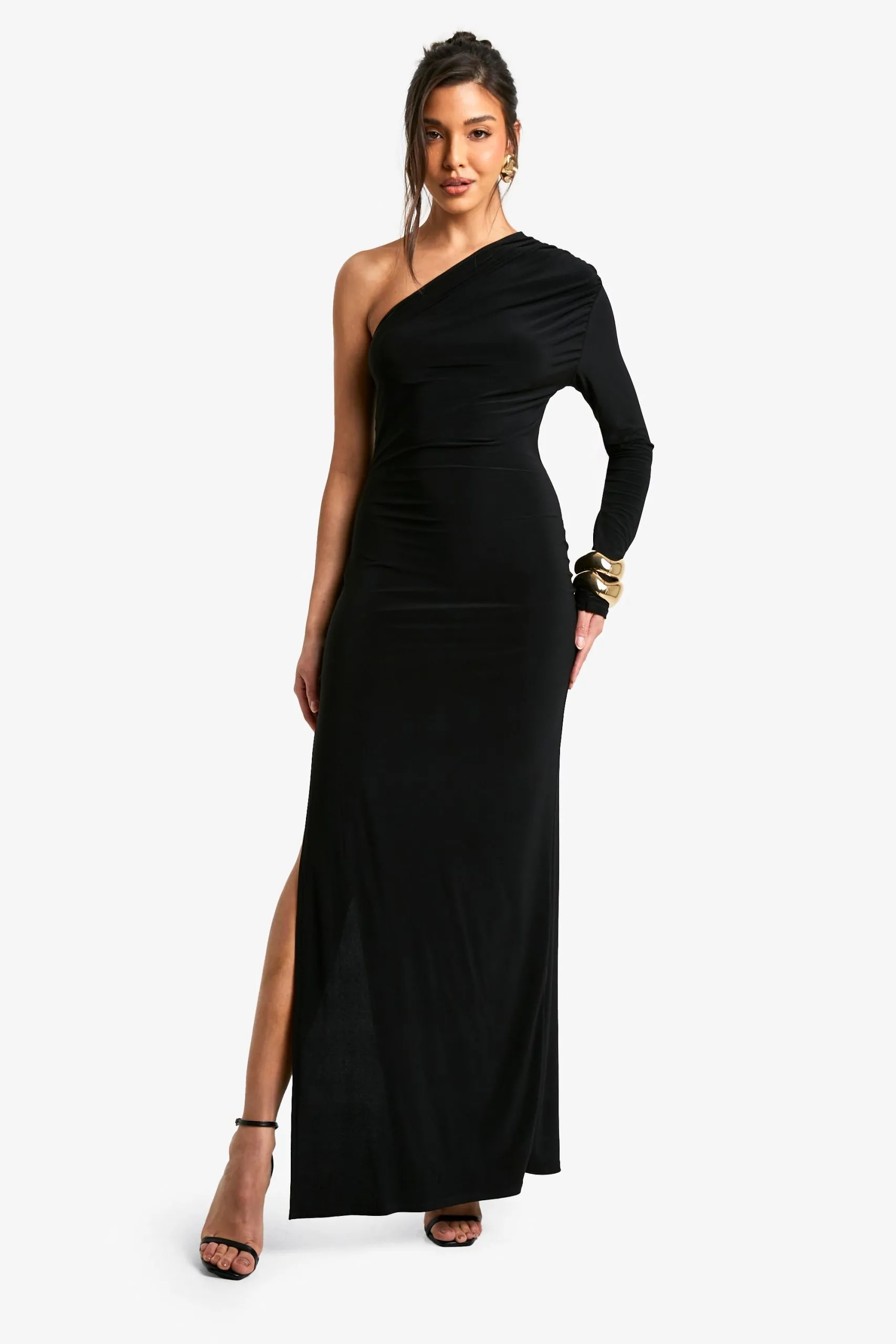 Ruched One Sleeve High Split Maxi Dress