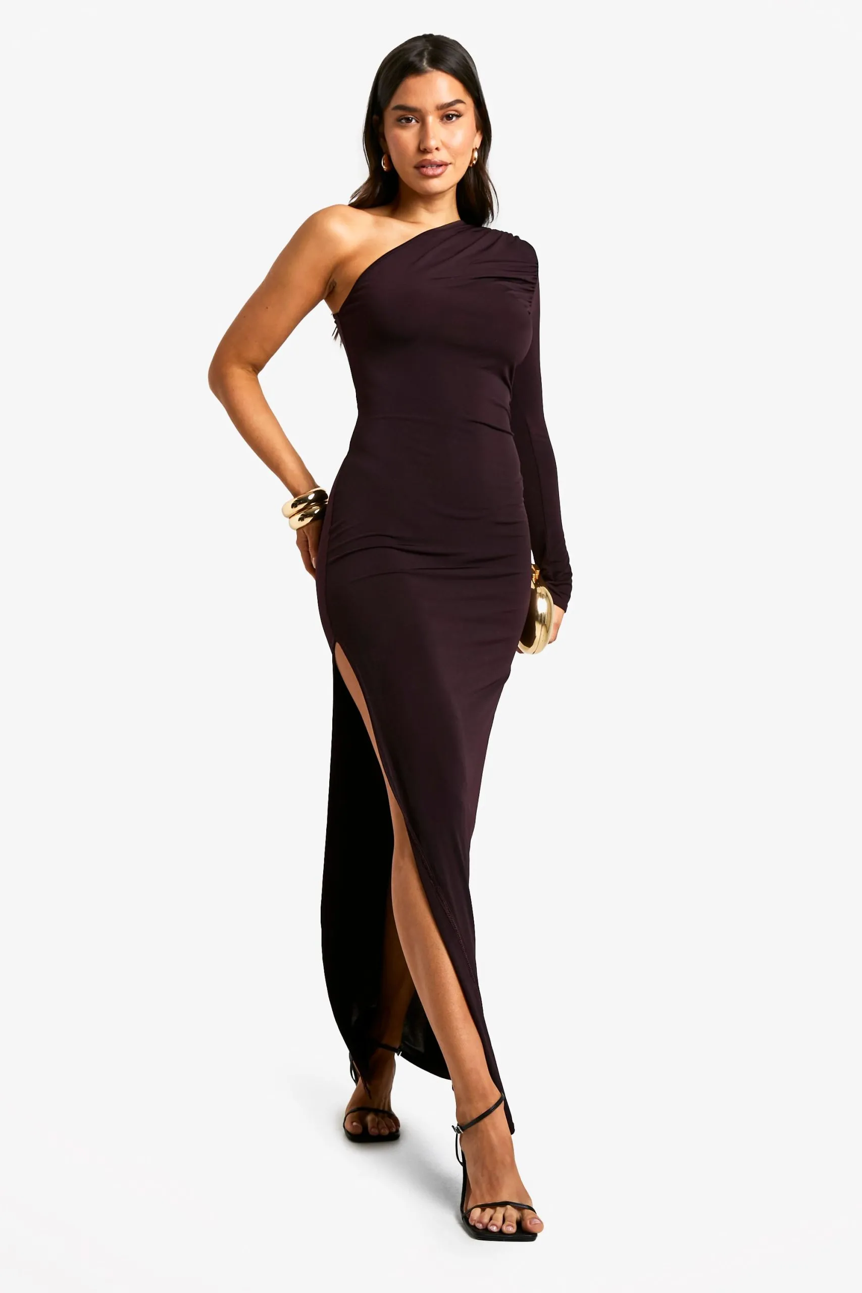 Tall Ruched One Sleeve High Split Maxi Dress