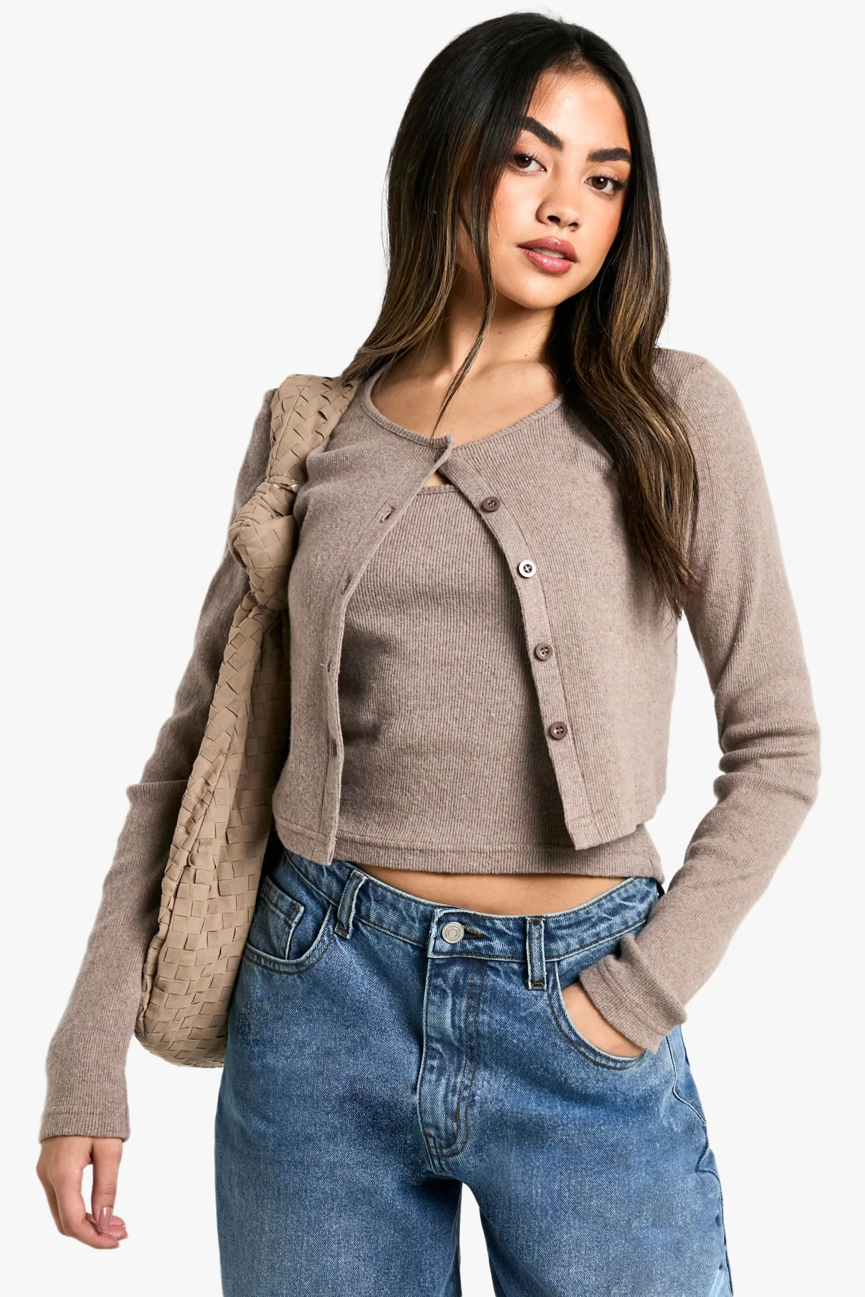 Brushed Rib Button Through Cardigan & Cami Top