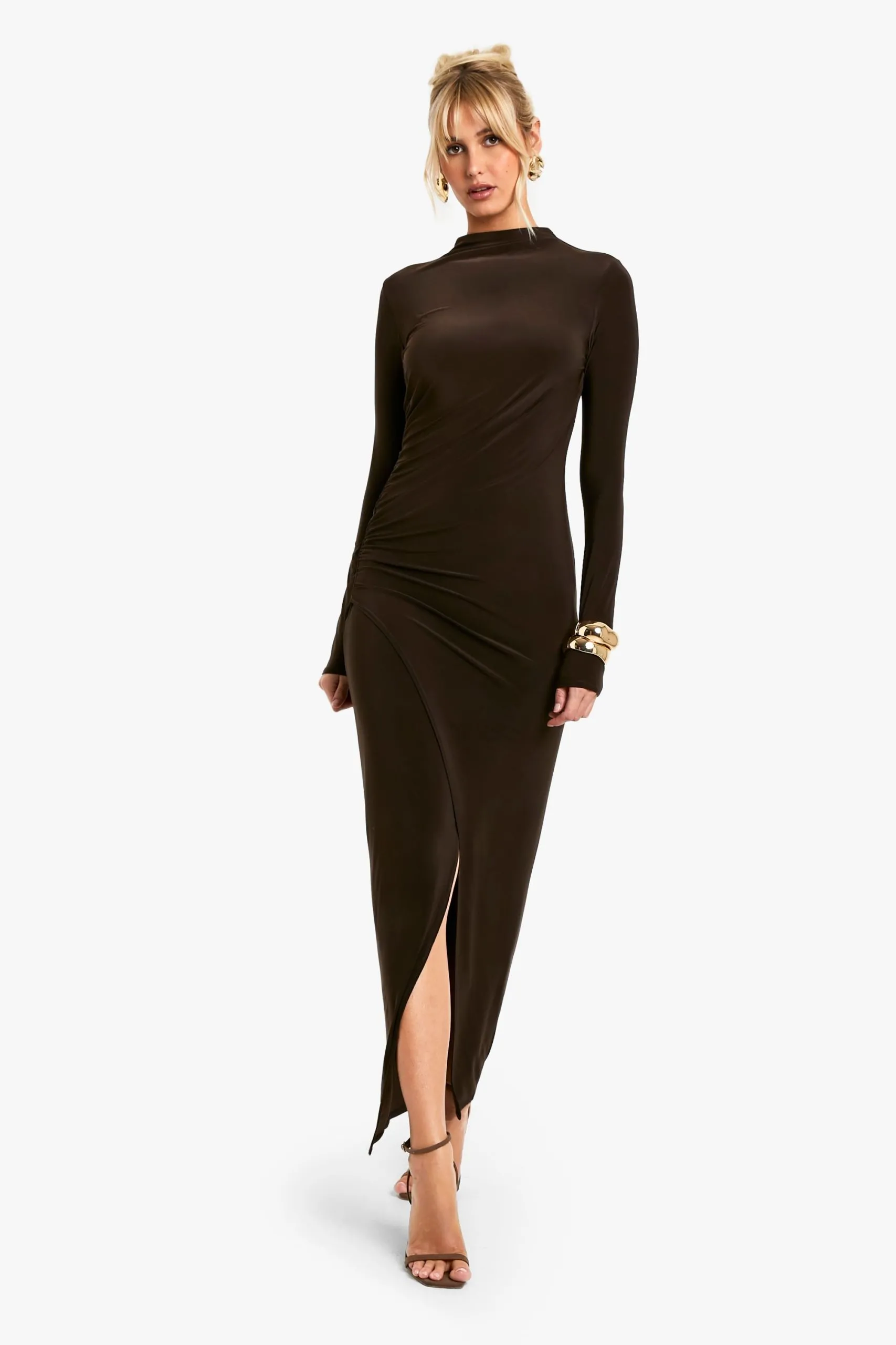 Ruched Waist Long Sleeve Split Maxi Dress