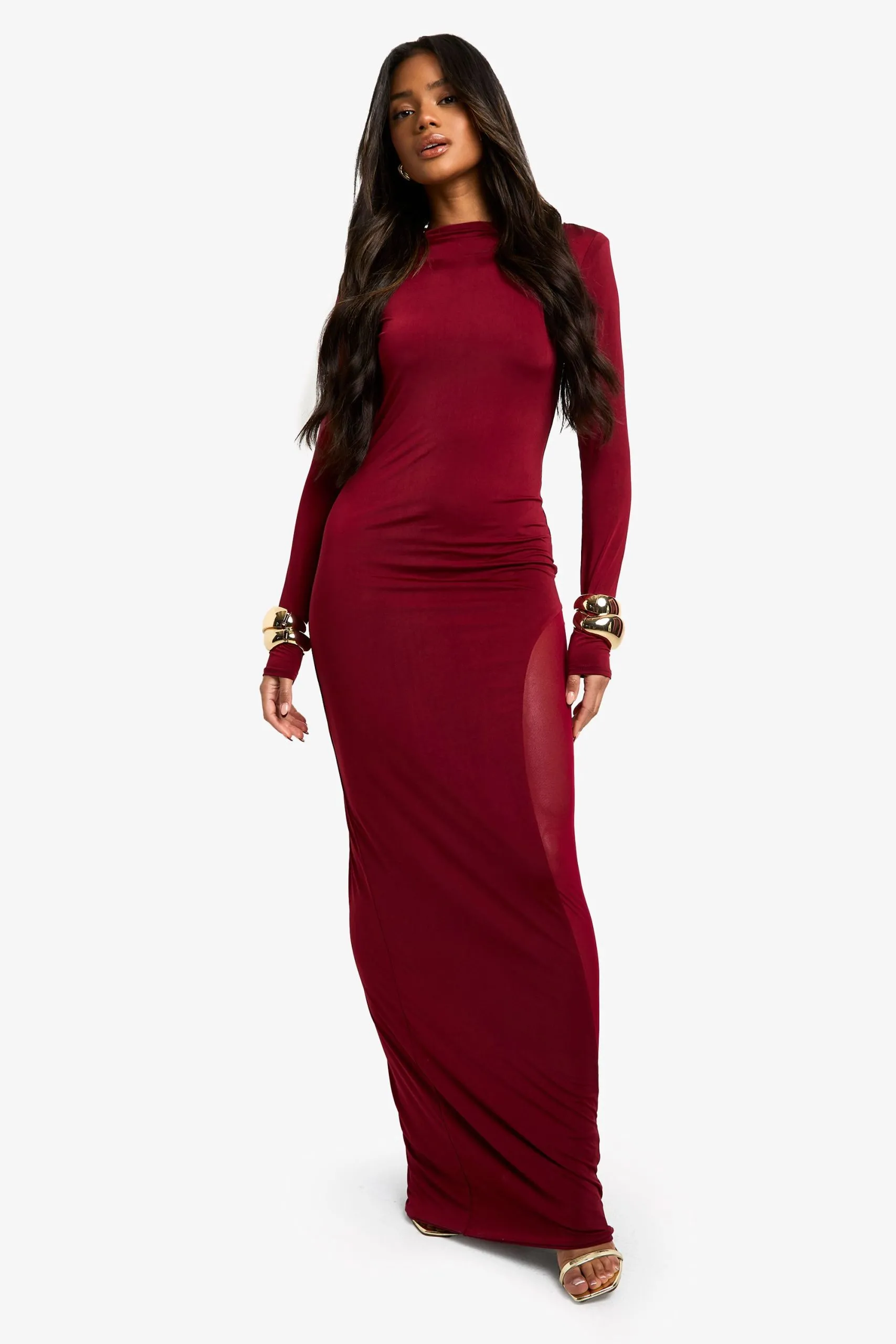 Slinky Mesh Detail Long Sleeve  Maxi Dress