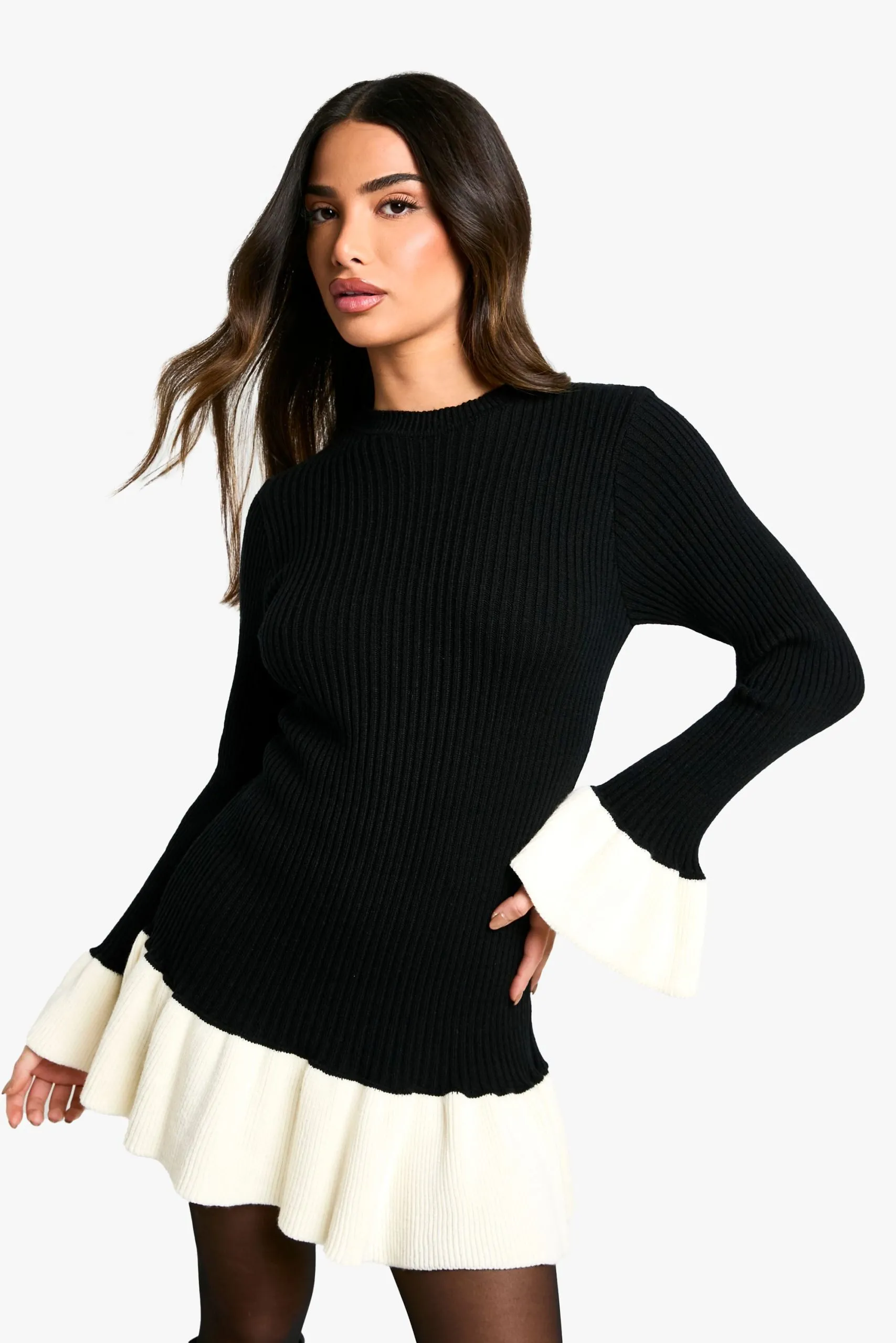 Petite Contrast Flare Sleeve Knitted Skater Dress